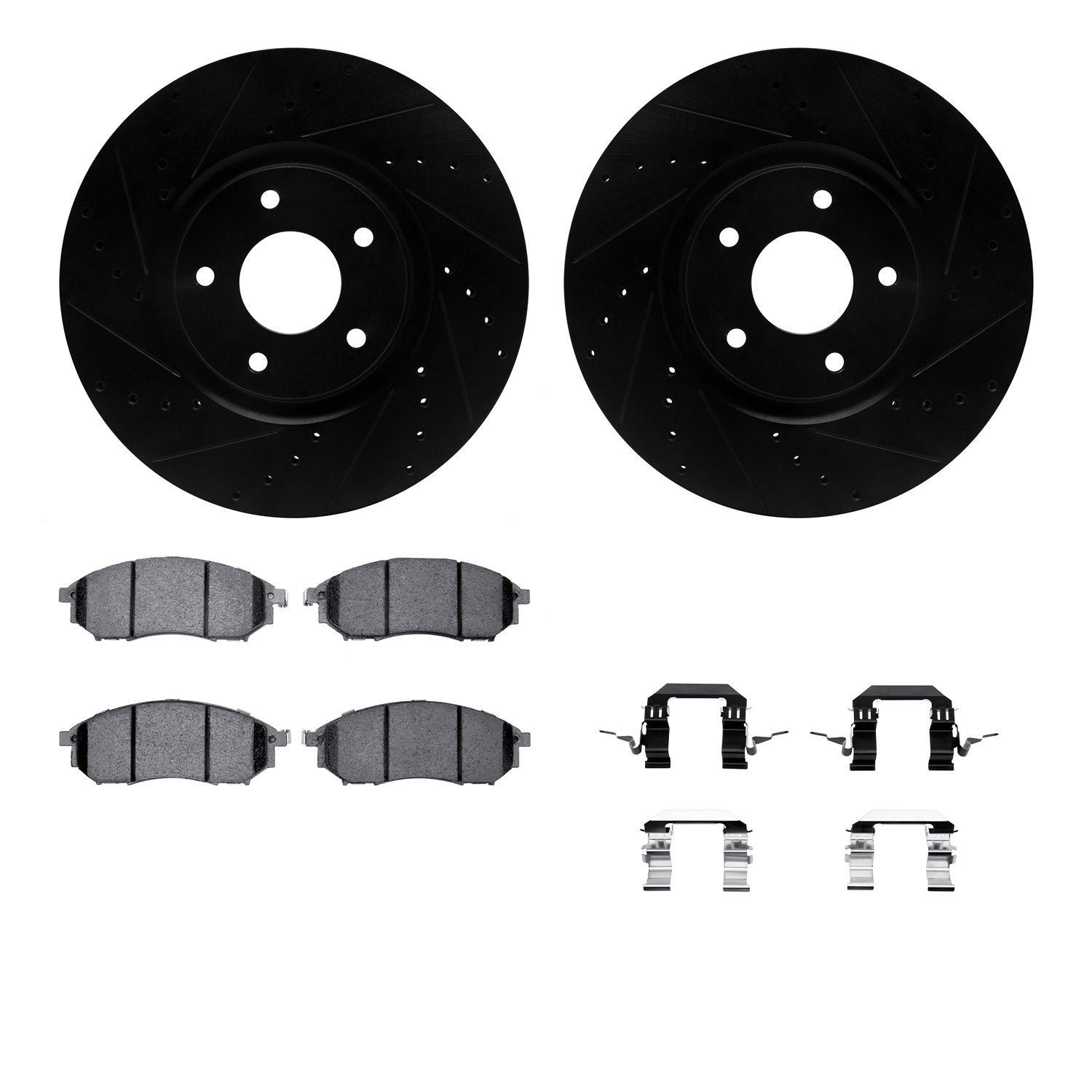 8312-67092 Drilled/Slotted Brake Rotors with 3000-Series Ceramic Brake Pads Kit & Hardware [Black], 2009-2016 Renault, Position: