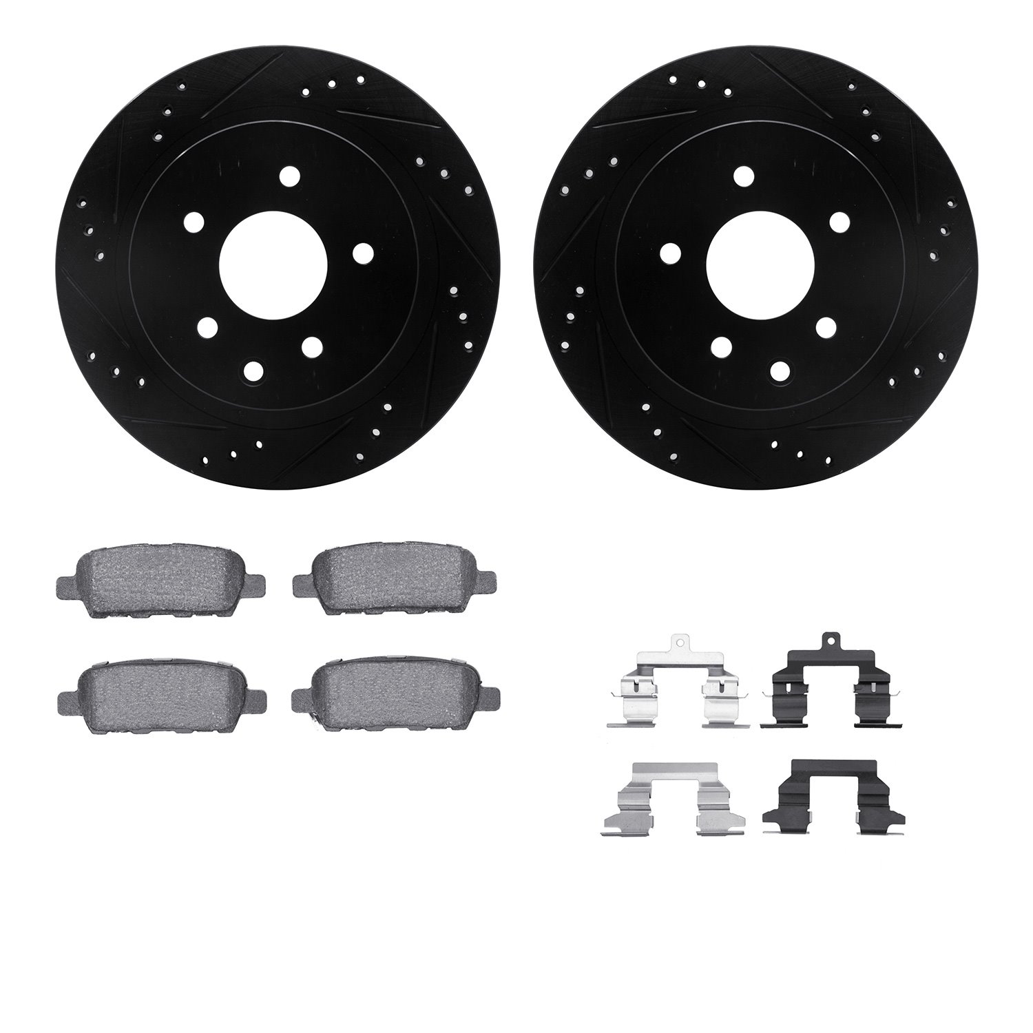 8312-67099 Drilled/Slotted Brake Rotors with 3000-Series Ceramic Brake Pads Kit & Hardware [Black], 2008-2013 Infiniti/Nissan, P