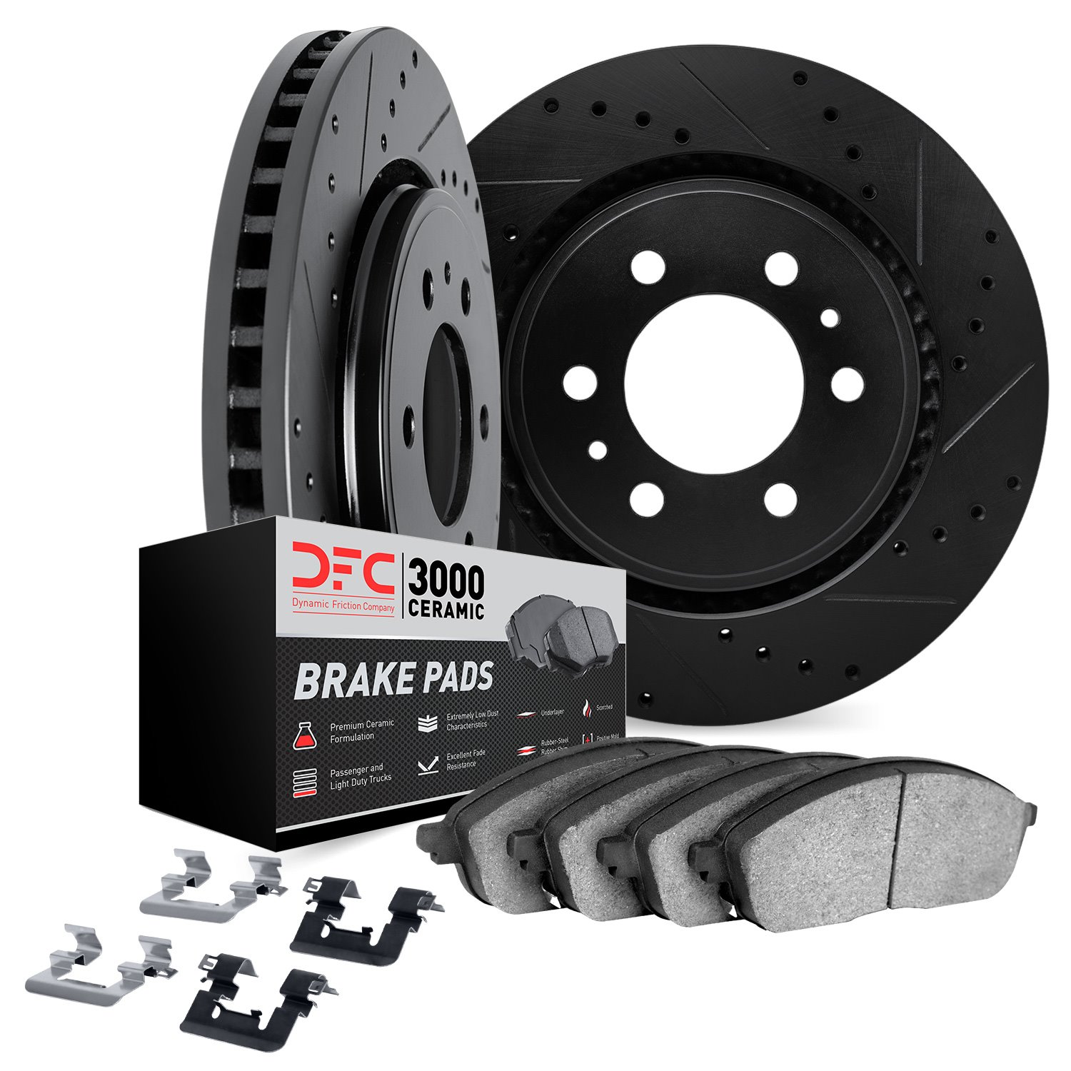 8312-67111 Drilled/Slotted Brake Rotors with 3000-Series Ceramic Brake Pads Kit & Hardware [Black], 2005-2012 Infiniti/Nissan, P