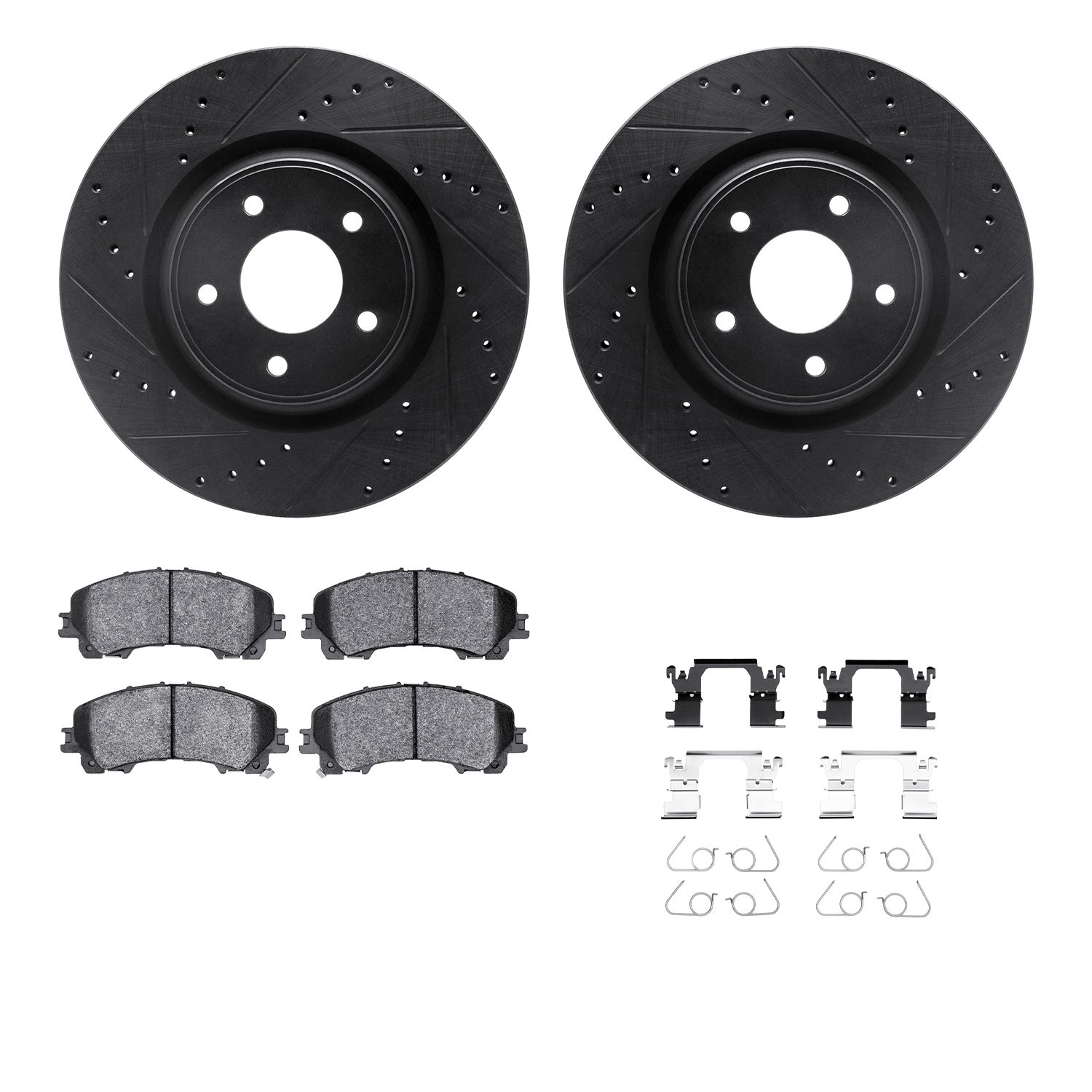 8312-67128 Drilled/Slotted Brake Rotors with 3000-Series Ceramic Brake Pads Kit & Hardware [Black], 2014-2019 Infiniti/Nissan, P