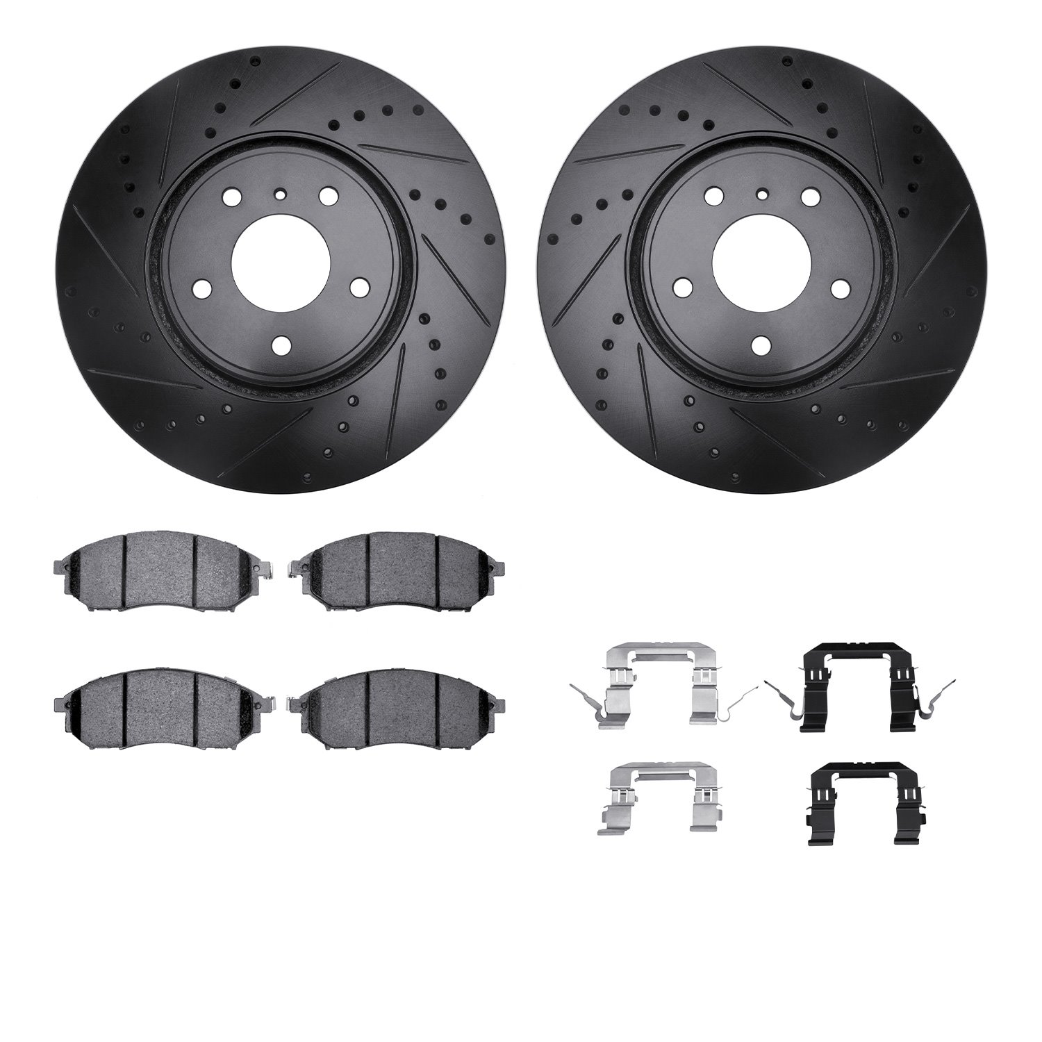 8312-68010 Drilled/Slotted Brake Rotors with 3000-Series Ceramic Brake Pads Kit & Hardware [Black], 2005-2014 Infiniti/Nissan, P