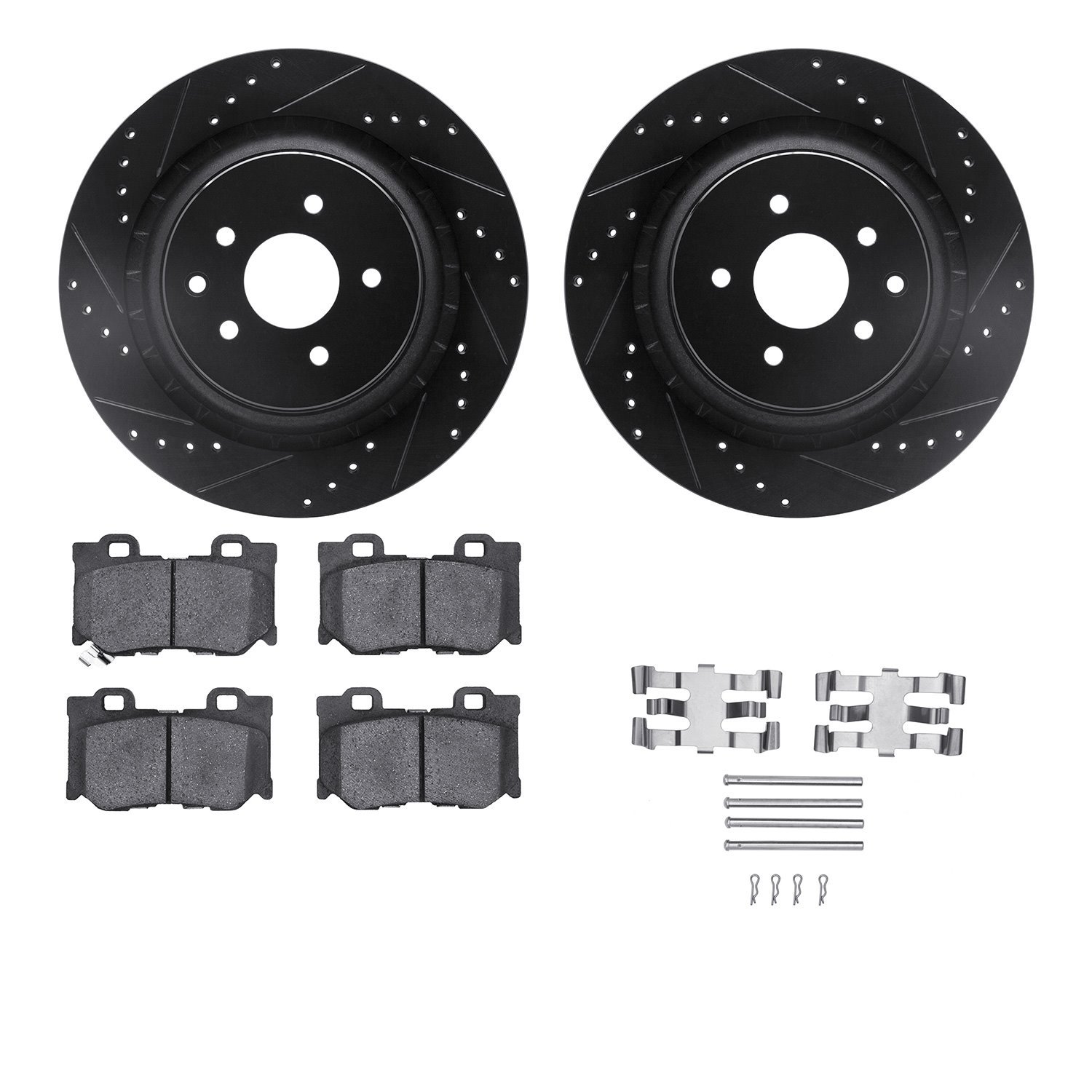 8312-68016 Drilled/Slotted Brake Rotors with 3000-Series Ceramic Brake Pads Kit & Hardware [Black], 2008-2020 Infiniti/Nissan, P