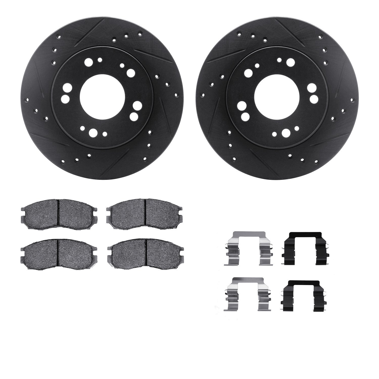 8312-72037 Drilled/Slotted Brake Rotors with 3000-Series Ceramic Brake Pads Kit & Hardware [Black], 1990-2005 Multiple Makes/Mod