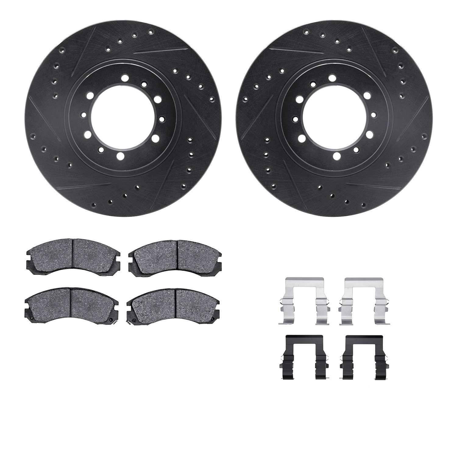 8312-72043 Drilled/Slotted Brake Rotors with 3000-Series Ceramic Brake Pads Kit & Hardware [Black], 1990-2004 Mitsubishi, Positi