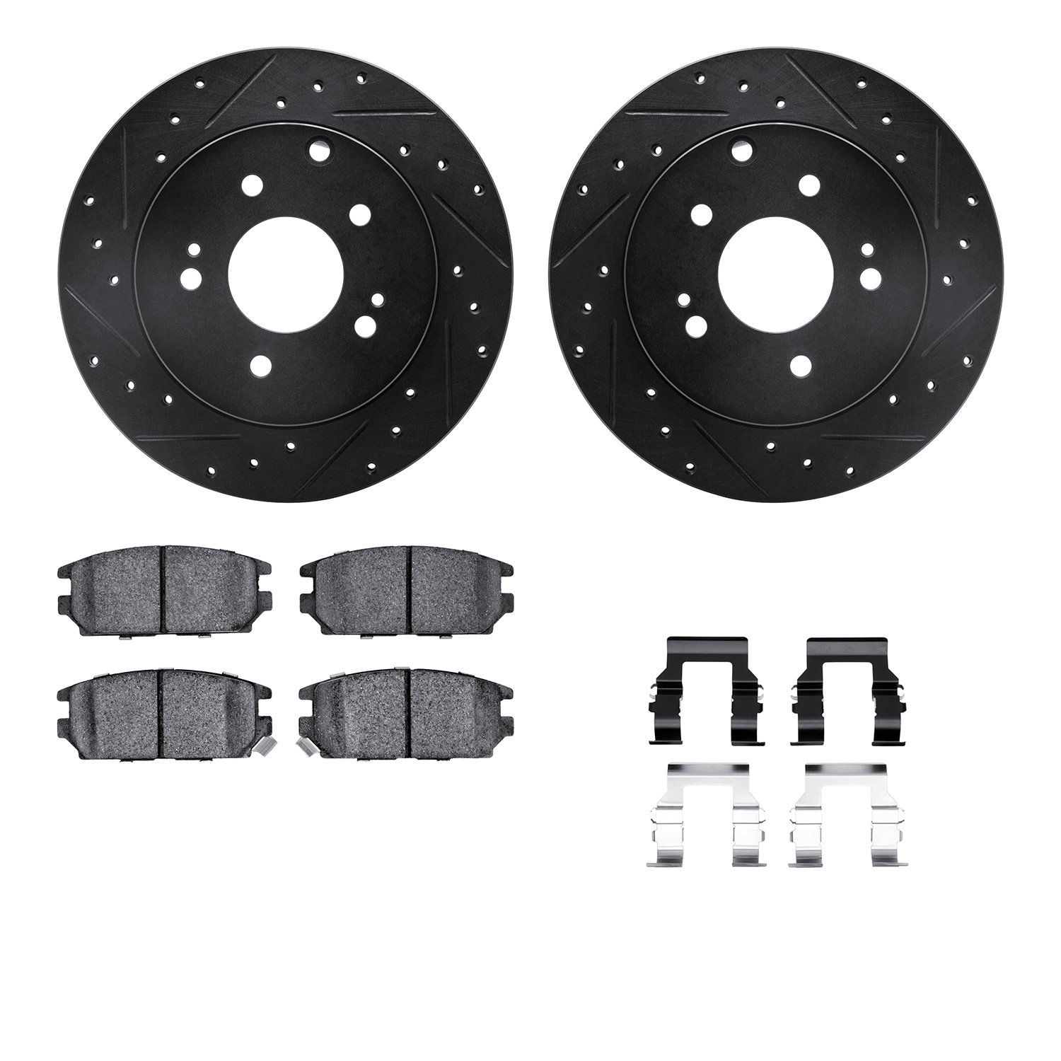 8312-72054 Drilled/Slotted Brake Rotors with 3000-Series Ceramic Brake Pads Kit & Hardware [Black], 2006-2012 Mitsubishi, Positi
