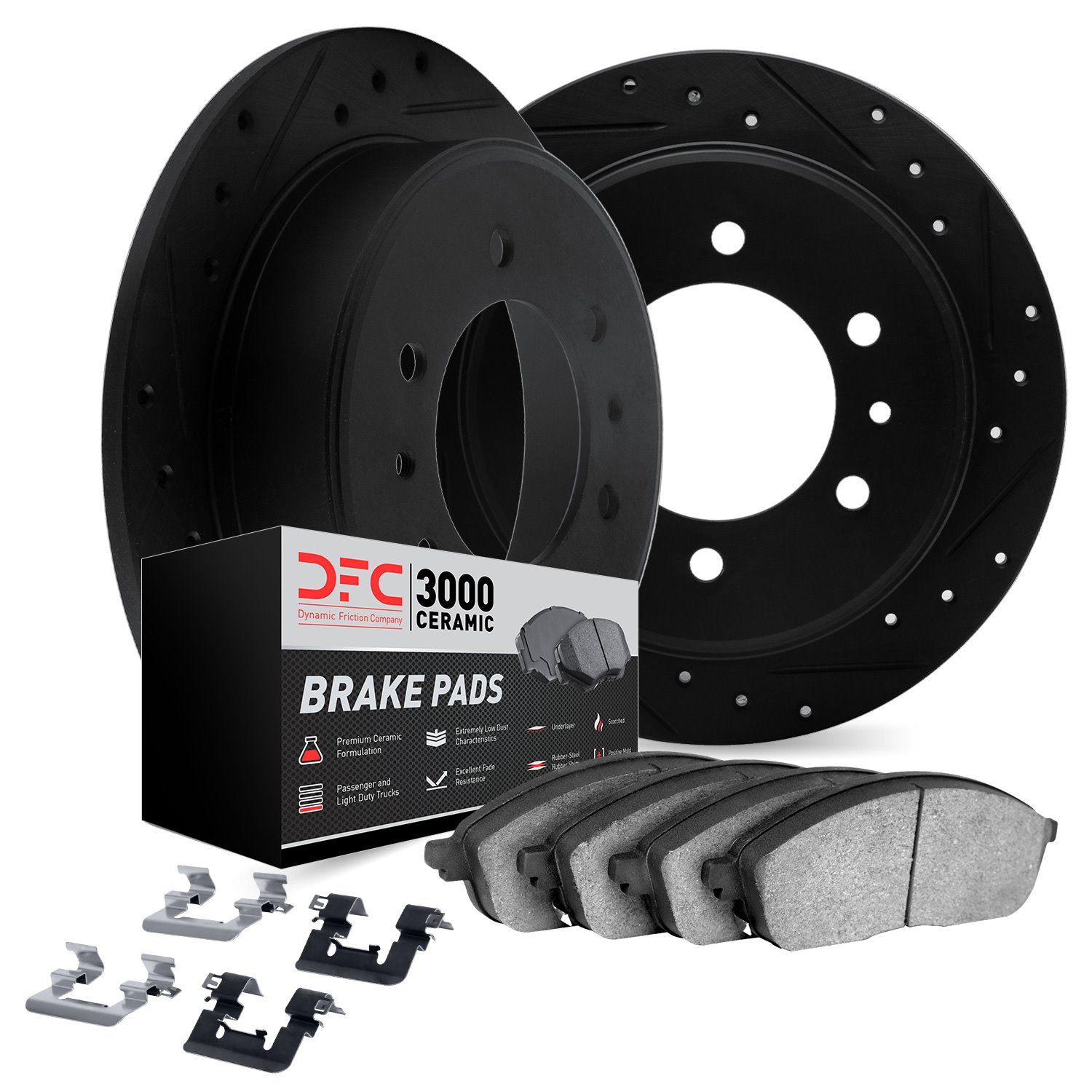 8312-72056 Drilled/Slotted Brake Rotors with 3000-Series Ceramic Brake Pads Kit & Hardware [Black], 1990-2000 Mitsubishi, Positi