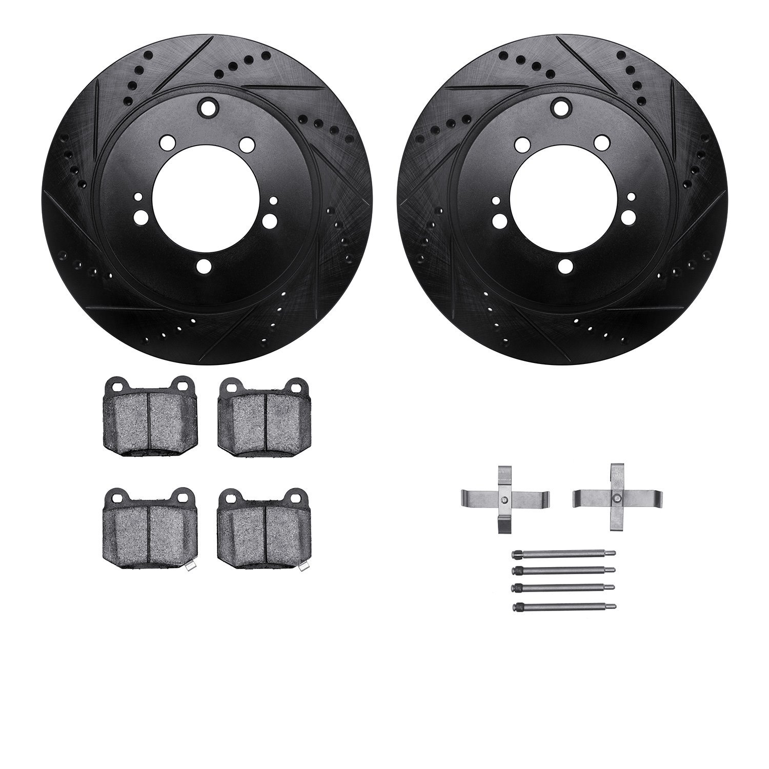 8312-72079 Drilled/Slotted Brake Rotors with 3000-Series Ceramic Brake Pads Kit & Hardware [Black], 2003-2006 Mitsubishi, Positi