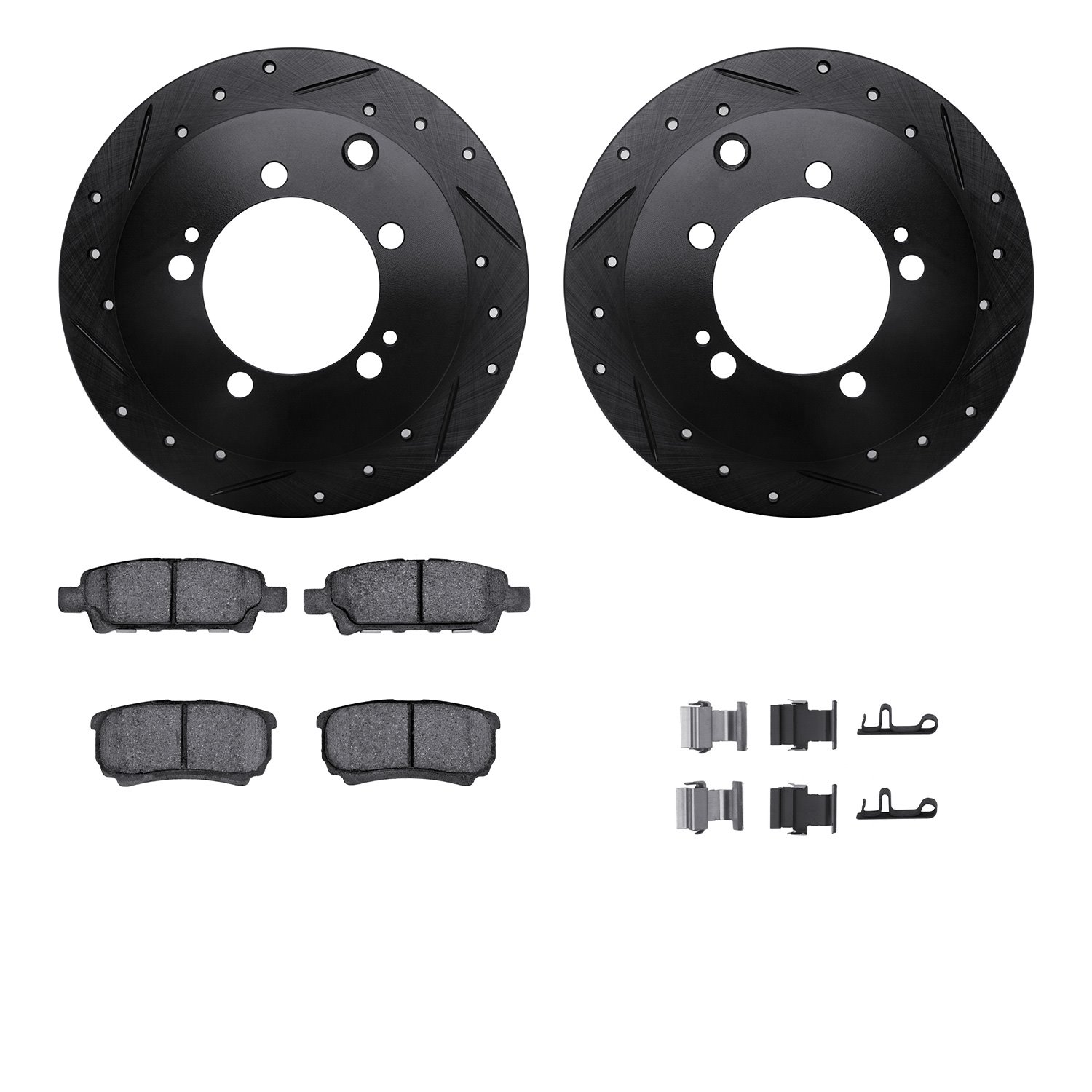 8312-72084 Drilled/Slotted Brake Rotors with 3000-Series Ceramic Brake Pads Kit & Hardware [Black], 2004-2007 Mitsubishi, Positi