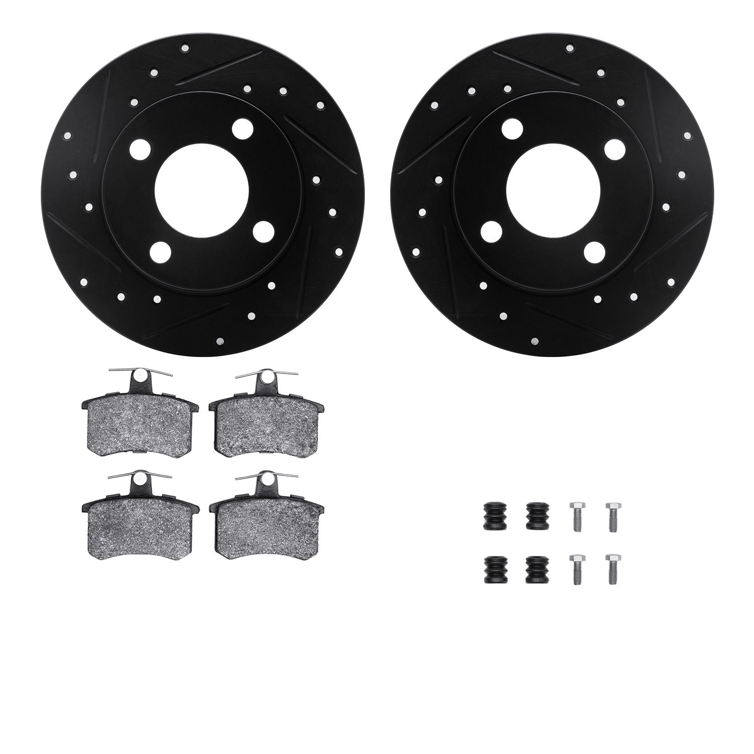 8312-73005 Drilled/Slotted Brake Rotors with 3000-Series Ceramic Brake Pads Kit & Hardware [Black], 1982-1998 Audi/Volkswagen, P