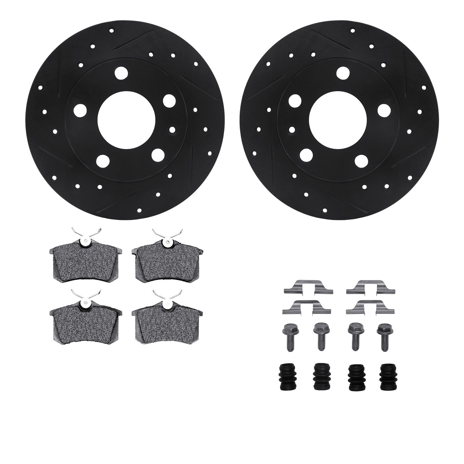 8312-73028 Drilled/Slotted Brake Rotors with 3000-Series Ceramic Brake Pads Kit & Hardware [Black], 2002-2006 Audi/Volkswagen, P