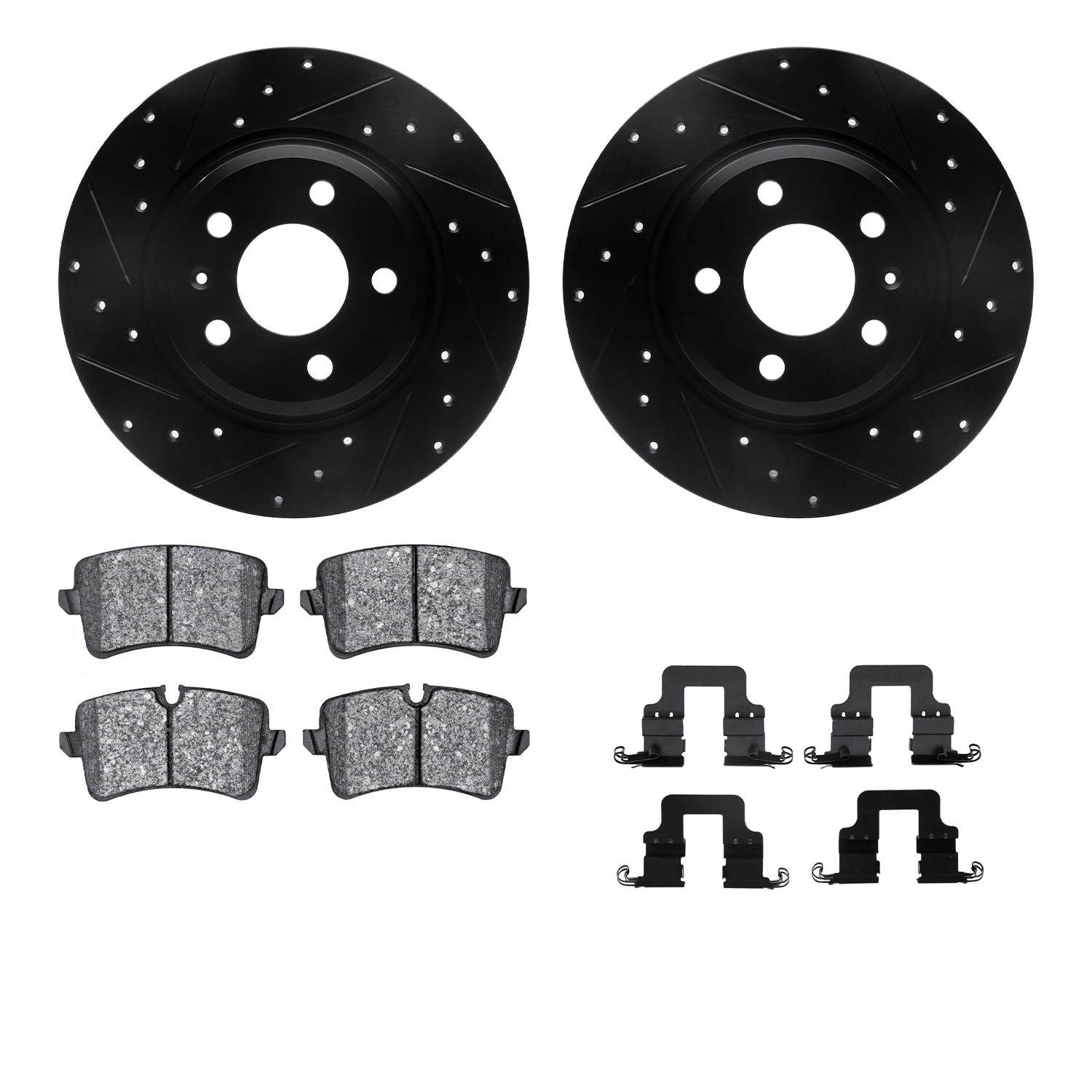 8312-73074 Drilled/Slotted Brake Rotors with 3000-Series Ceramic Brake Pads Kit & Hardware [Black], 2012-2013 Audi/Volkswagen, P