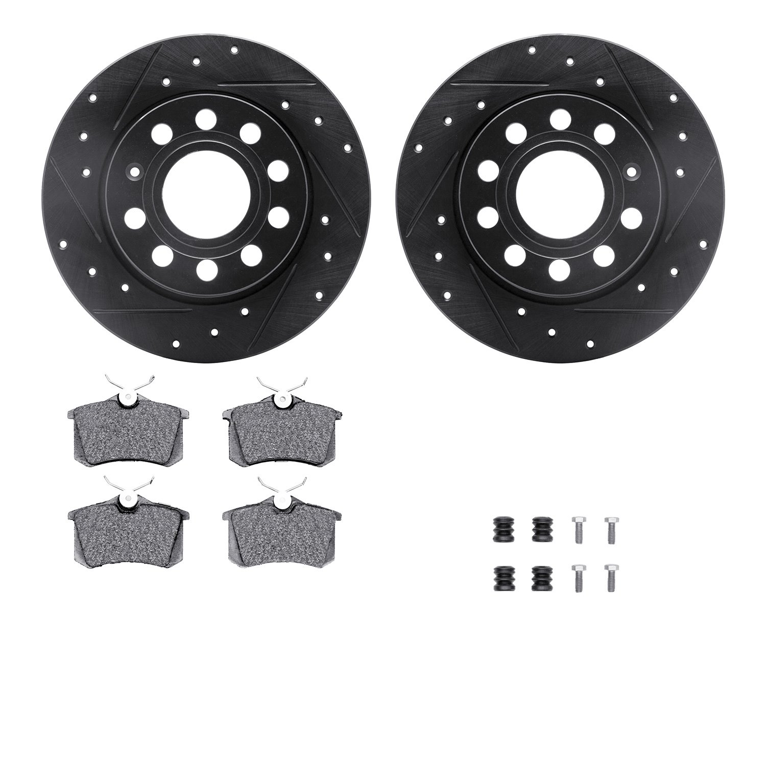 8312-74042 Drilled/Slotted Brake Rotors with 3000-Series Ceramic Brake Pads Kit & Hardware [Black], 2010-2019 Audi/Volkswagen, P