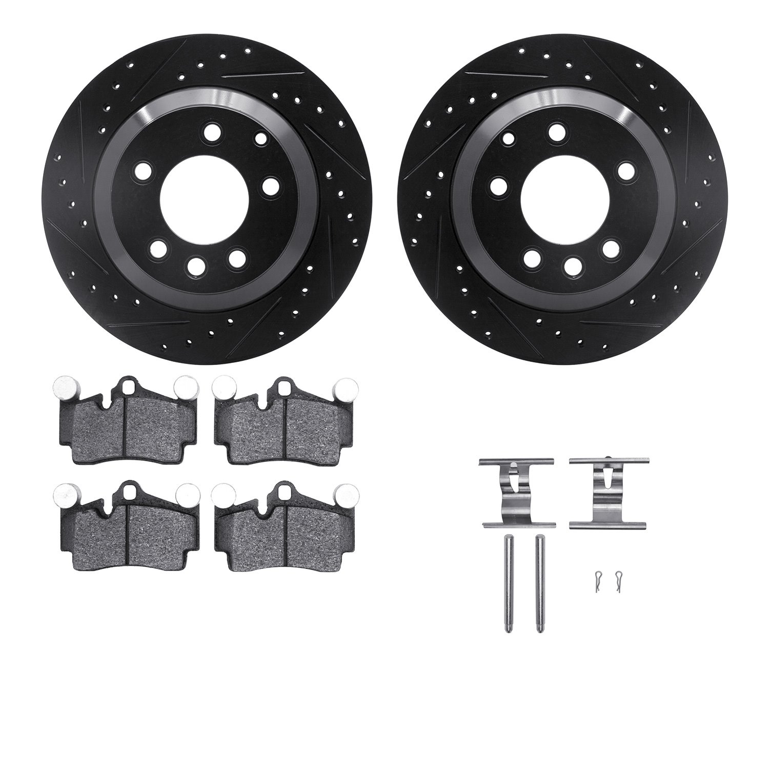 8312-74077 Drilled/Slotted Brake Rotors with 3000-Series Ceramic Brake Pads Kit & Hardware [Black], 2003-2015 Multiple Makes/Mod