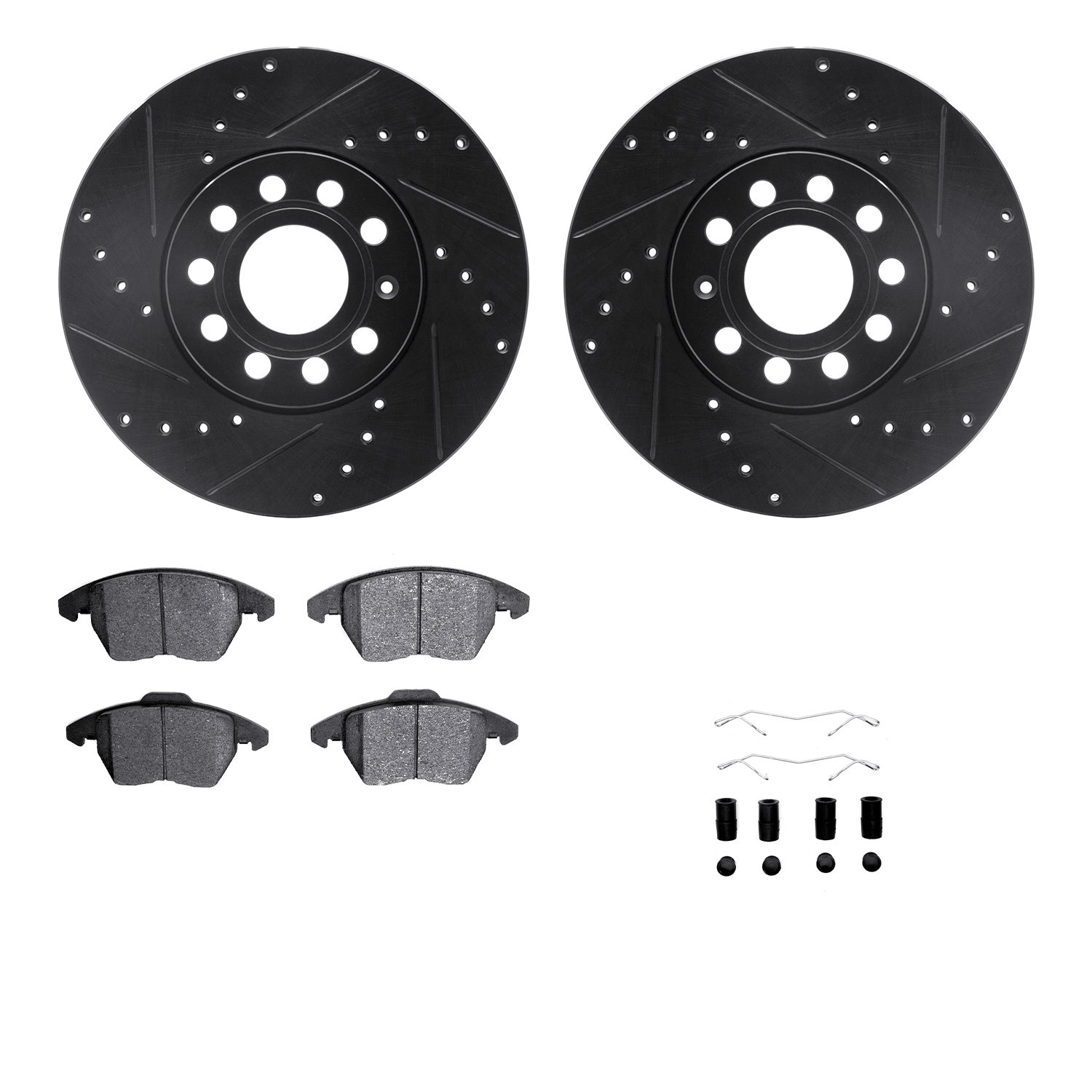 8312-74079 Drilled/Slotted Brake Rotors with 3000-Series Ceramic Brake Pads Kit & Hardware [Black], 2005-2018 Audi/Volkswagen, P