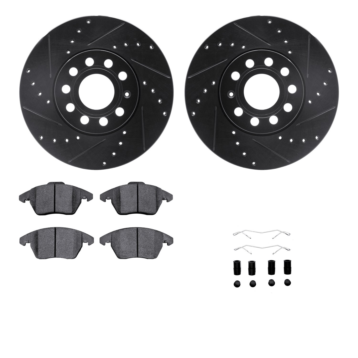 8312-74081 Drilled/Slotted Brake Rotors with 3000-Series Ceramic Brake Pads Kit & Hardware [Black], 2011-2019 Audi/Volkswagen, P