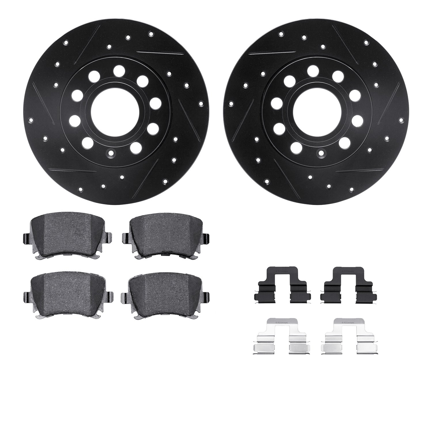 8312-74084 Drilled/Slotted Brake Rotors with 3000-Series Ceramic Brake Pads Kit & Hardware [Black], 2005-2013 Audi/Volkswagen, P