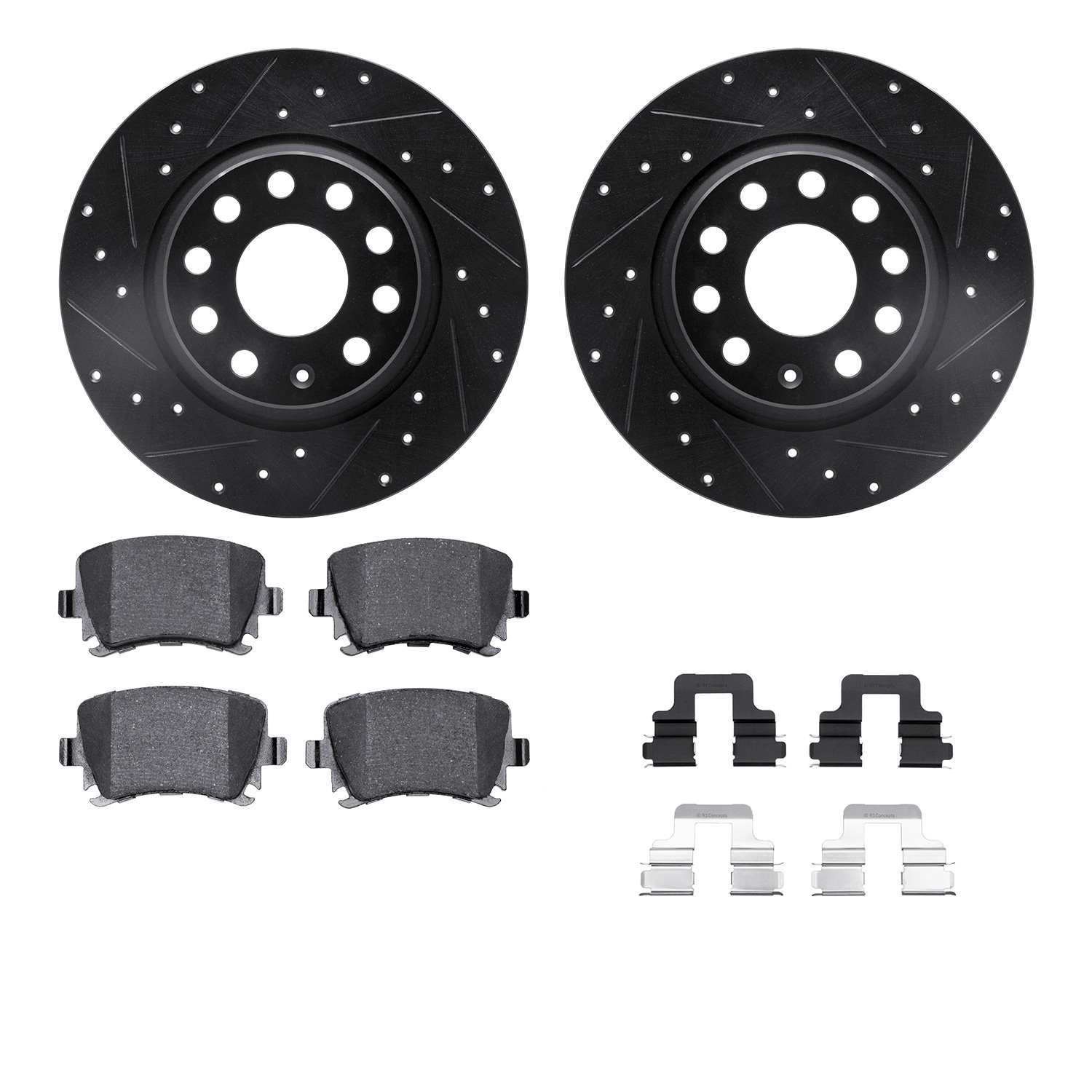 8312-74085 Drilled/Slotted Brake Rotors with 3000-Series Ceramic Brake Pads Kit & Hardware [Black], 2005-2018 Audi/Volkswagen, P