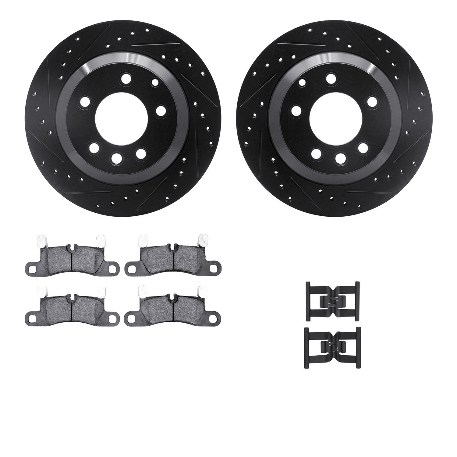 8312-74089 Drilled/Slotted Brake Rotors with 3000-Series Ceramic Brake Pads Kit & Hardware [Black], 2011-2018 Multiple Makes/Mod