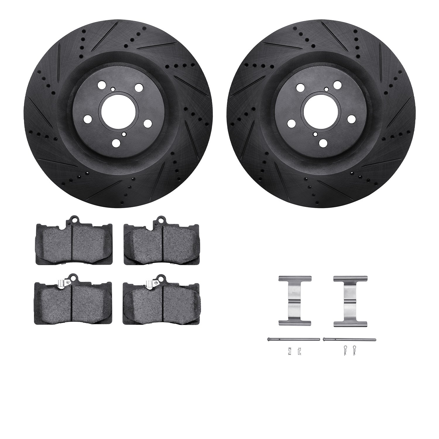 8312-75022 Drilled/Slotted Brake Rotors with 3000-Series Ceramic Brake Pads Kit & Hardware [Black], 2013-2020 Lexus/Toyota/Scion