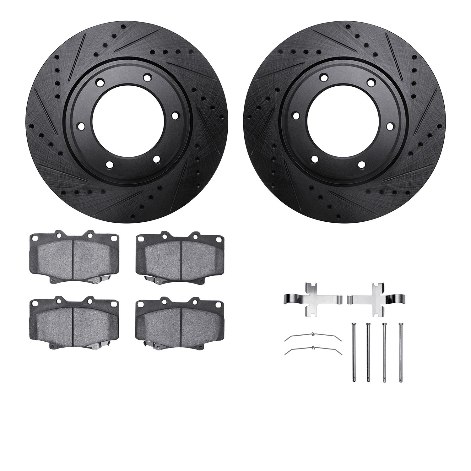 8312-76087 Drilled/Slotted Brake Rotors with 3000-Series Ceramic Brake Pads Kit & Hardware [Black], 1993-1997 Lexus/Toyota/Scion