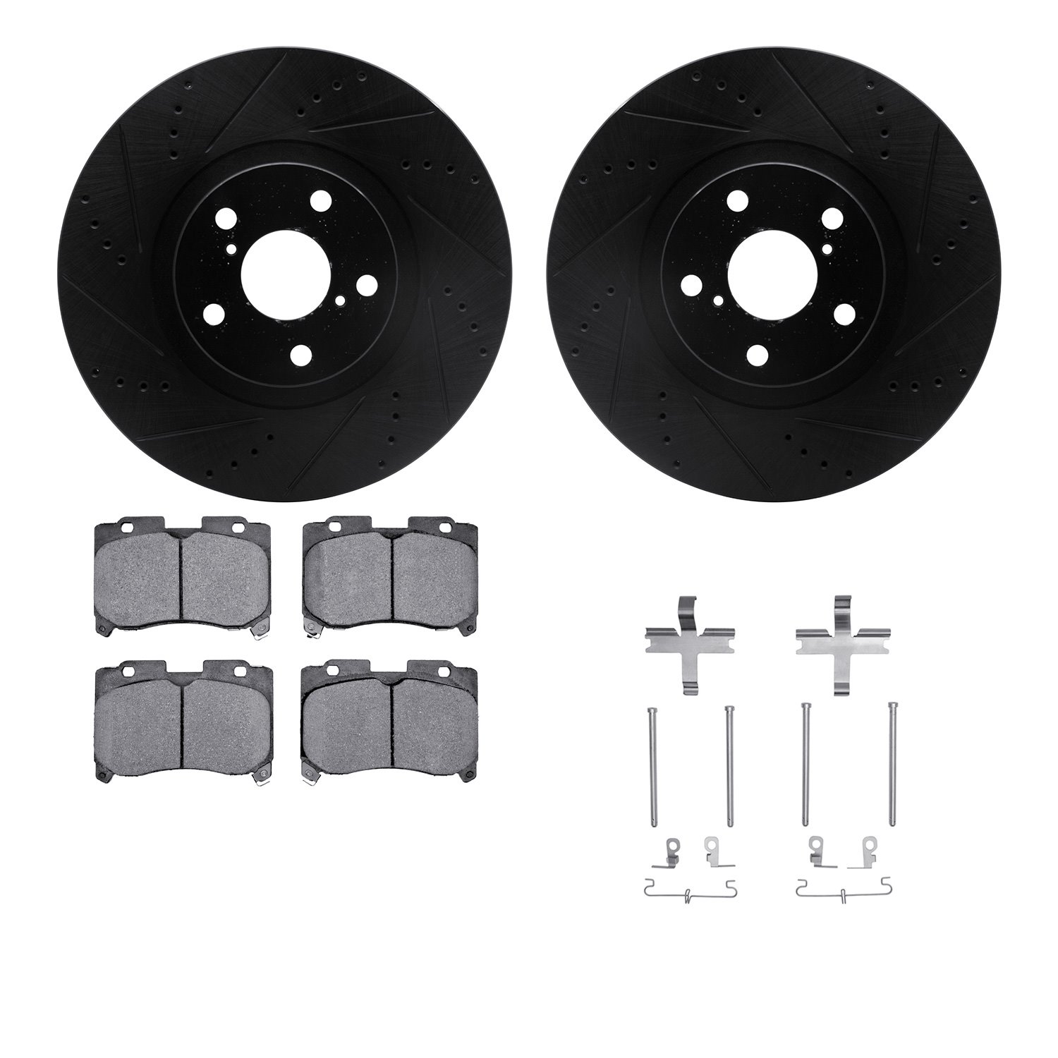 8312-76107 Drilled/Slotted Brake Rotors with 3000-Series Ceramic Brake Pads Kit & Hardware [Black], 1993-1998 Lexus/Toyota/Scion