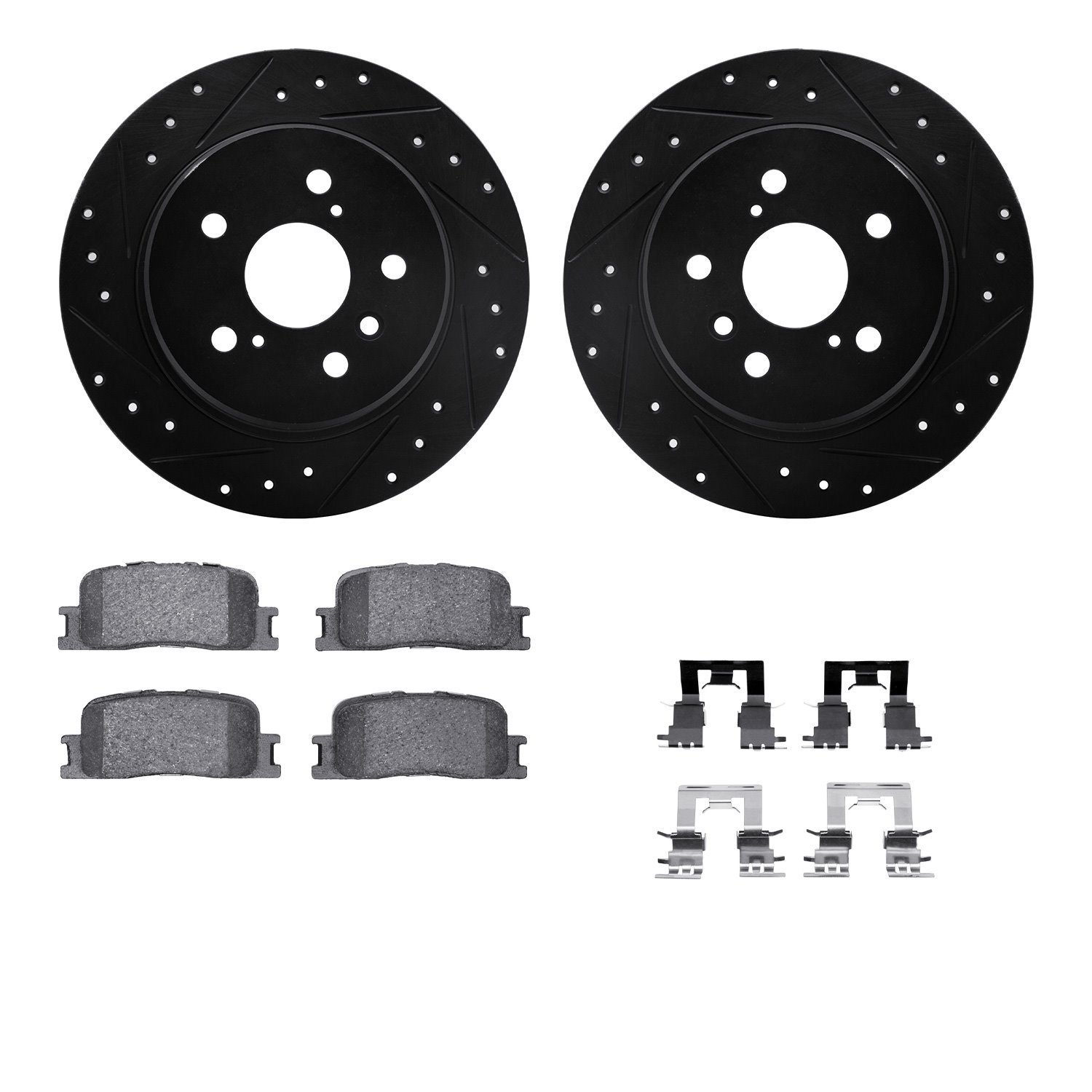 8312-76134 Drilled/Slotted Brake Rotors with 3000-Series Ceramic Brake Pads Kit & Hardware [Black], 2001-2003 Lexus/Toyota/Scion