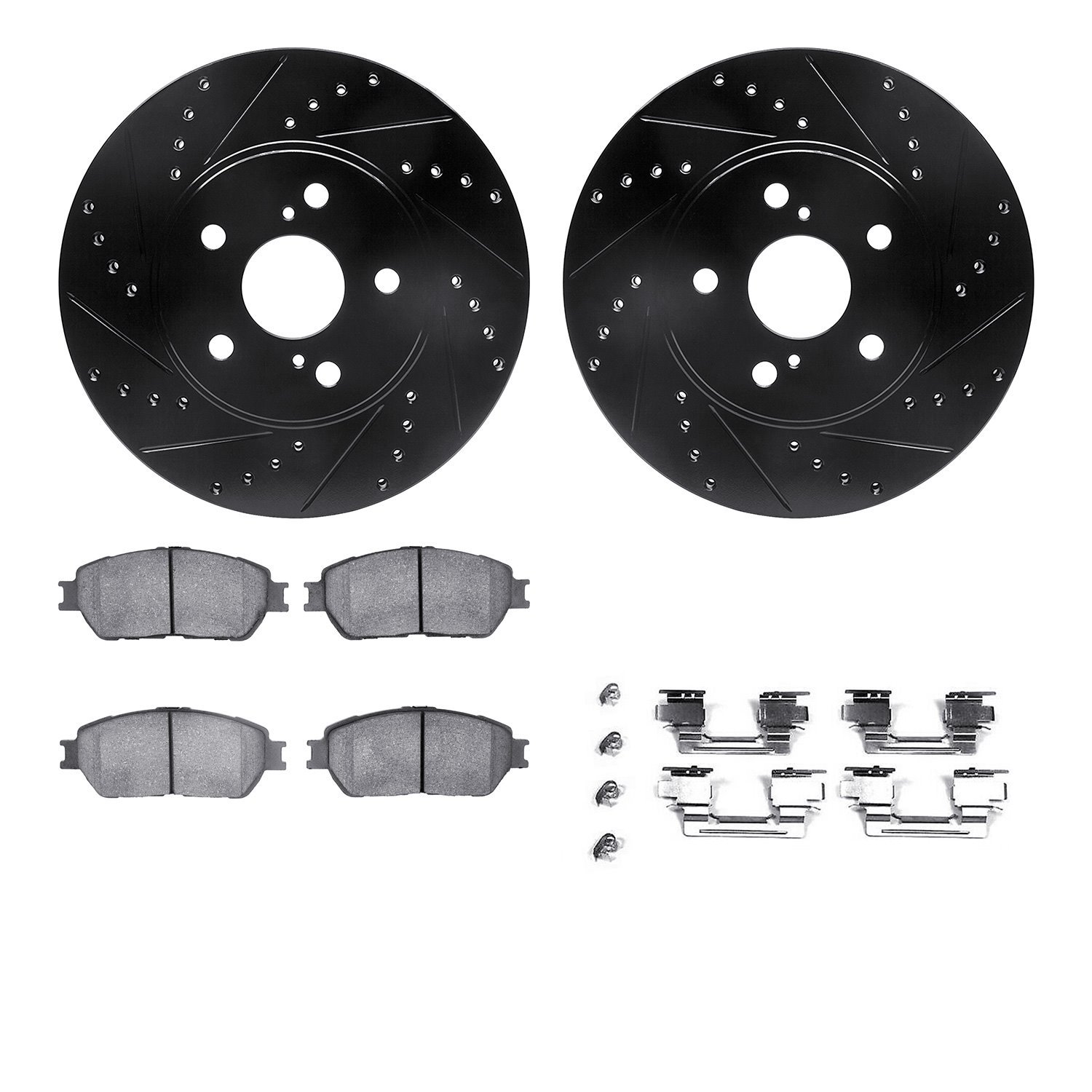8312-76136 Drilled/Slotted Brake Rotors with 3000-Series Ceramic Brake Pads Kit & Hardware [Black], 2002-2006 Lexus/Toyota/Scion