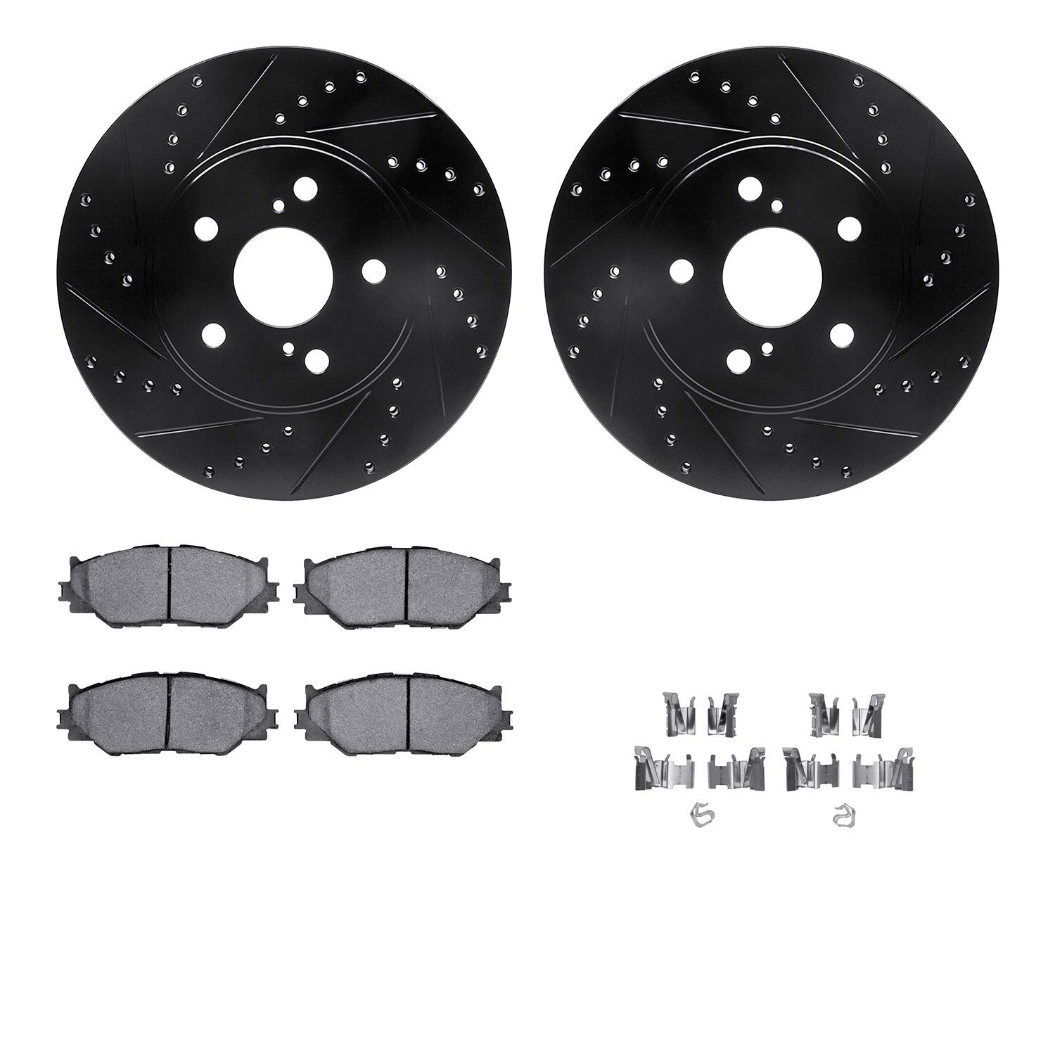 8312-76153 Drilled/Slotted Brake Rotors with 3000-Series Ceramic Brake Pads Kit & Hardware [Black], 2006-2015 Lexus/Toyota/Scion