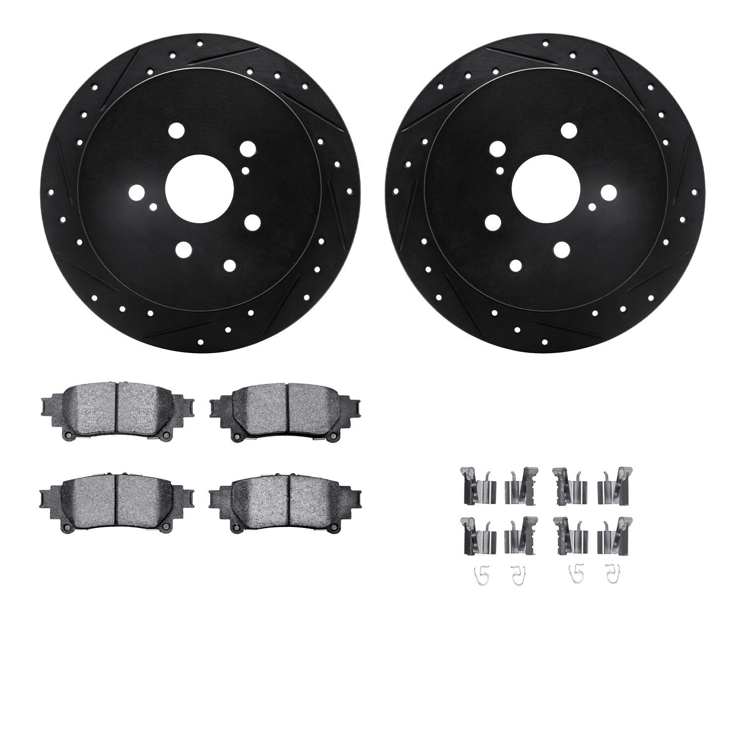 8312-76167 Drilled/Slotted Brake Rotors with 3000-Series Ceramic Brake Pads Kit & Hardware [Black], 2010-2020 Lexus/Toyota/Scion
