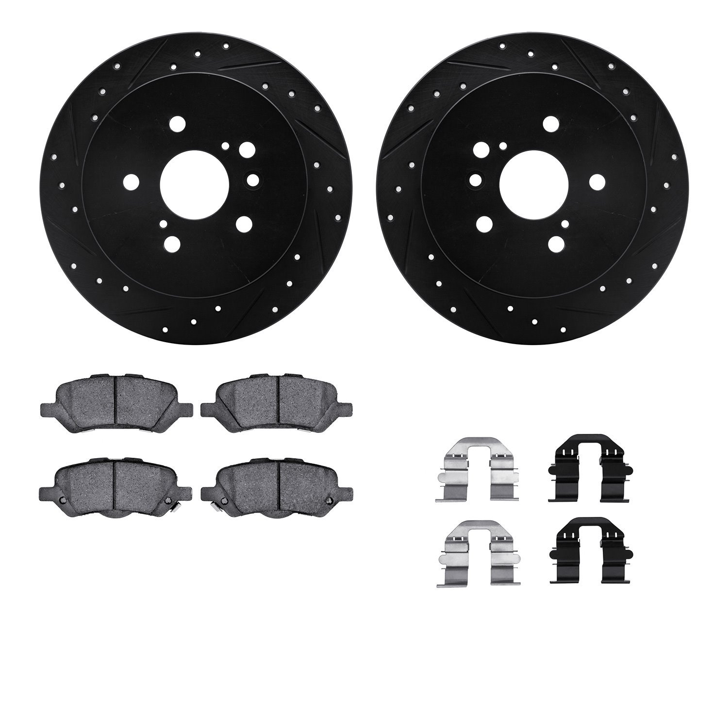 8312-76169 Drilled/Slotted Brake Rotors with 3000-Series Ceramic Brake Pads Kit & Hardware [Black], 2009-2015 Lexus/Toyota/Scion