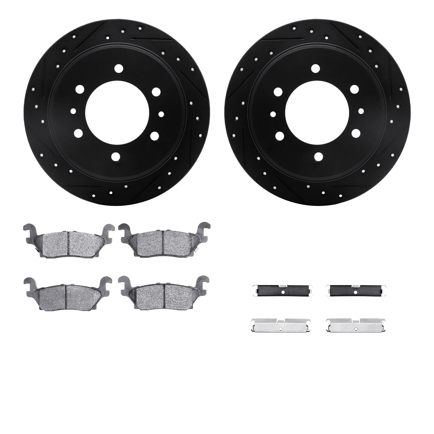 8312-93002 Drilled/Slotted Brake Rotors with 3000-Series Ceramic Brake Pads Kit & Hardware [Black], 2006-2010 GM, Position: Rear