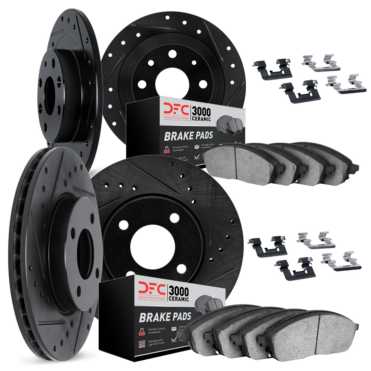 8314-01002 Drilled/Slotted Brake Rotors with 3000-Series Ceramic Brake Pads Kit & Hardware [Black], 2006-2009 GM, Position: Fron