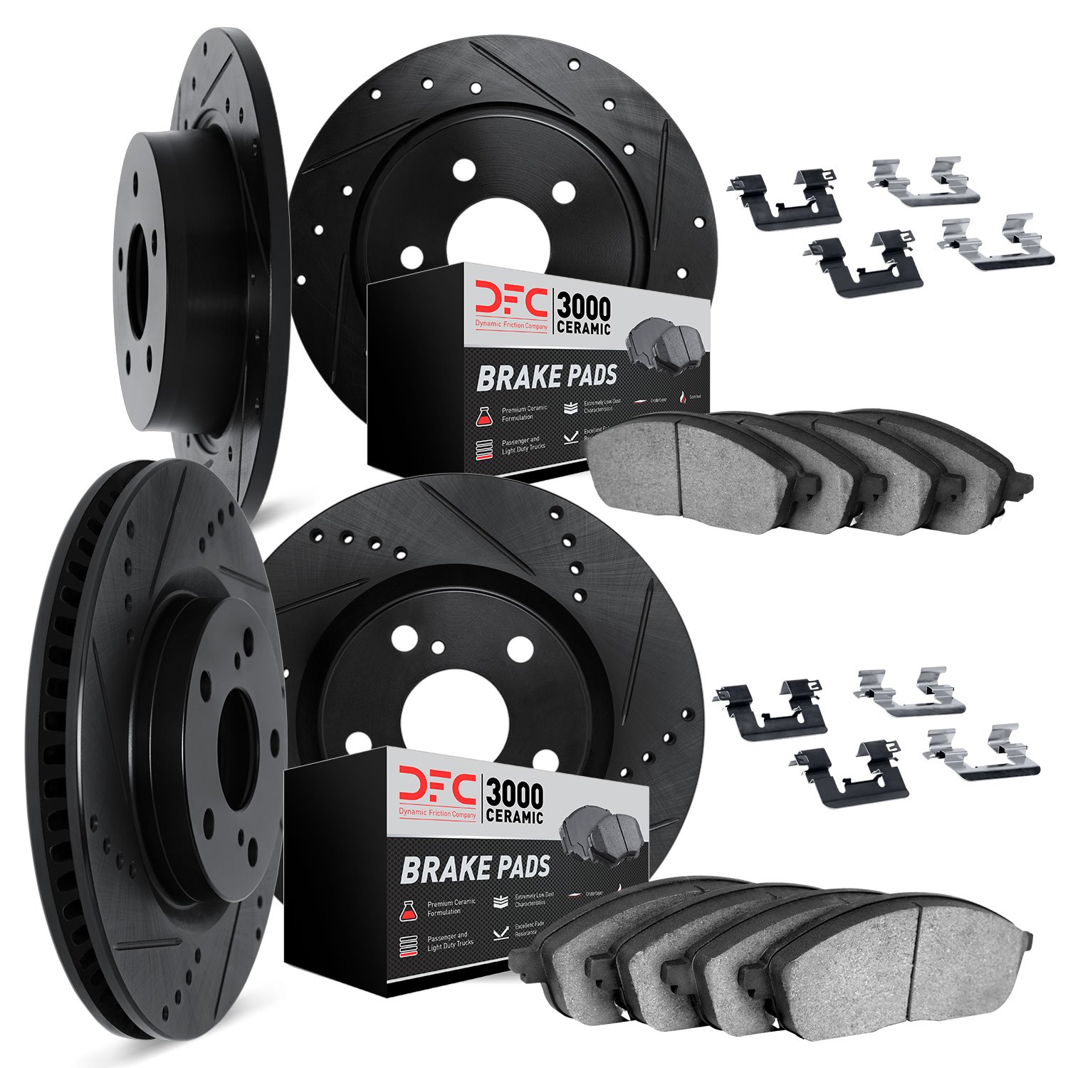 8314-03020 Drilled/Slotted Brake Rotors with 3000-Series Ceramic Brake Pads Kit & Hardware [Black], 2004-2006 Kia/Hyundai/Genesi