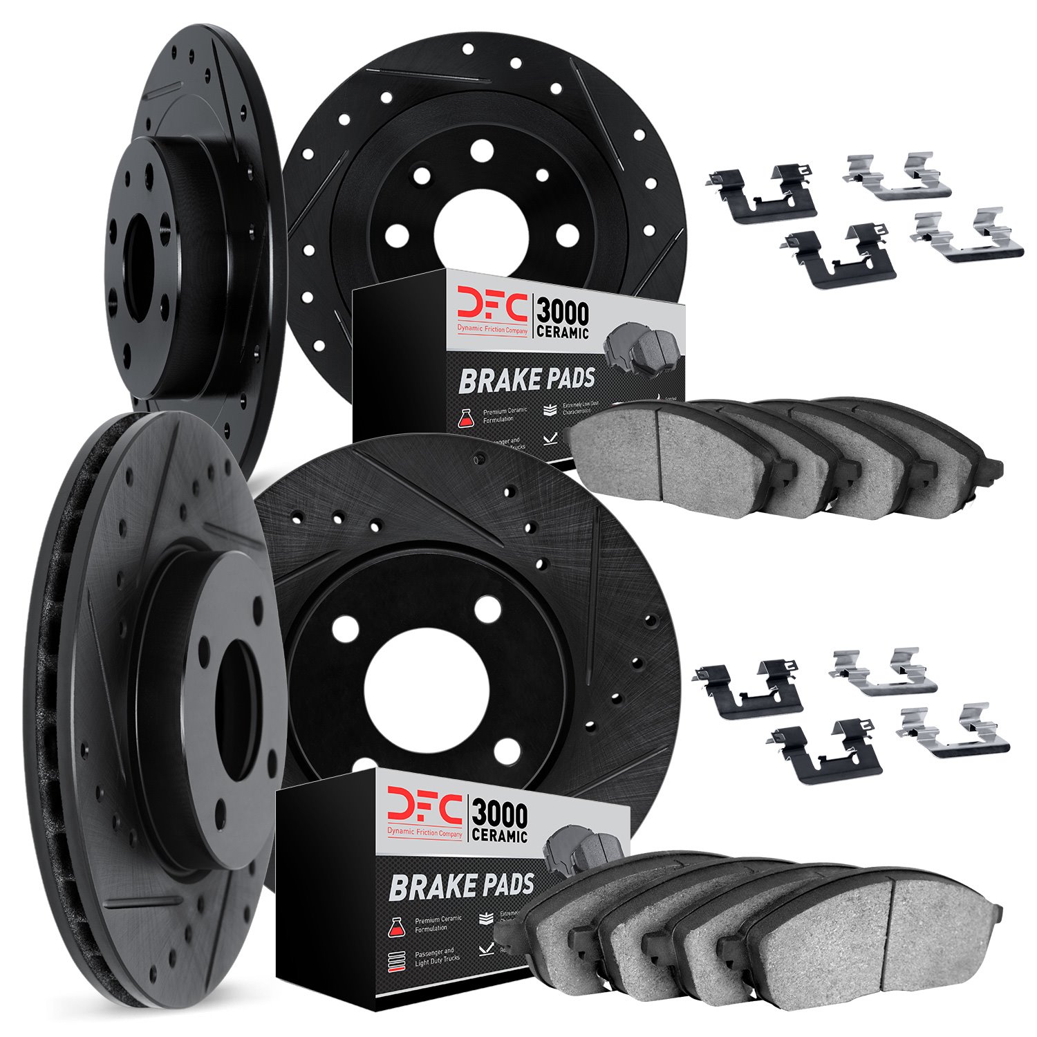 8314-07002 Drilled/Slotted Brake Rotors with 3000-Series Ceramic Brake Pads Kit & Hardware [Black], 2012-2019 Mopar, Position: F