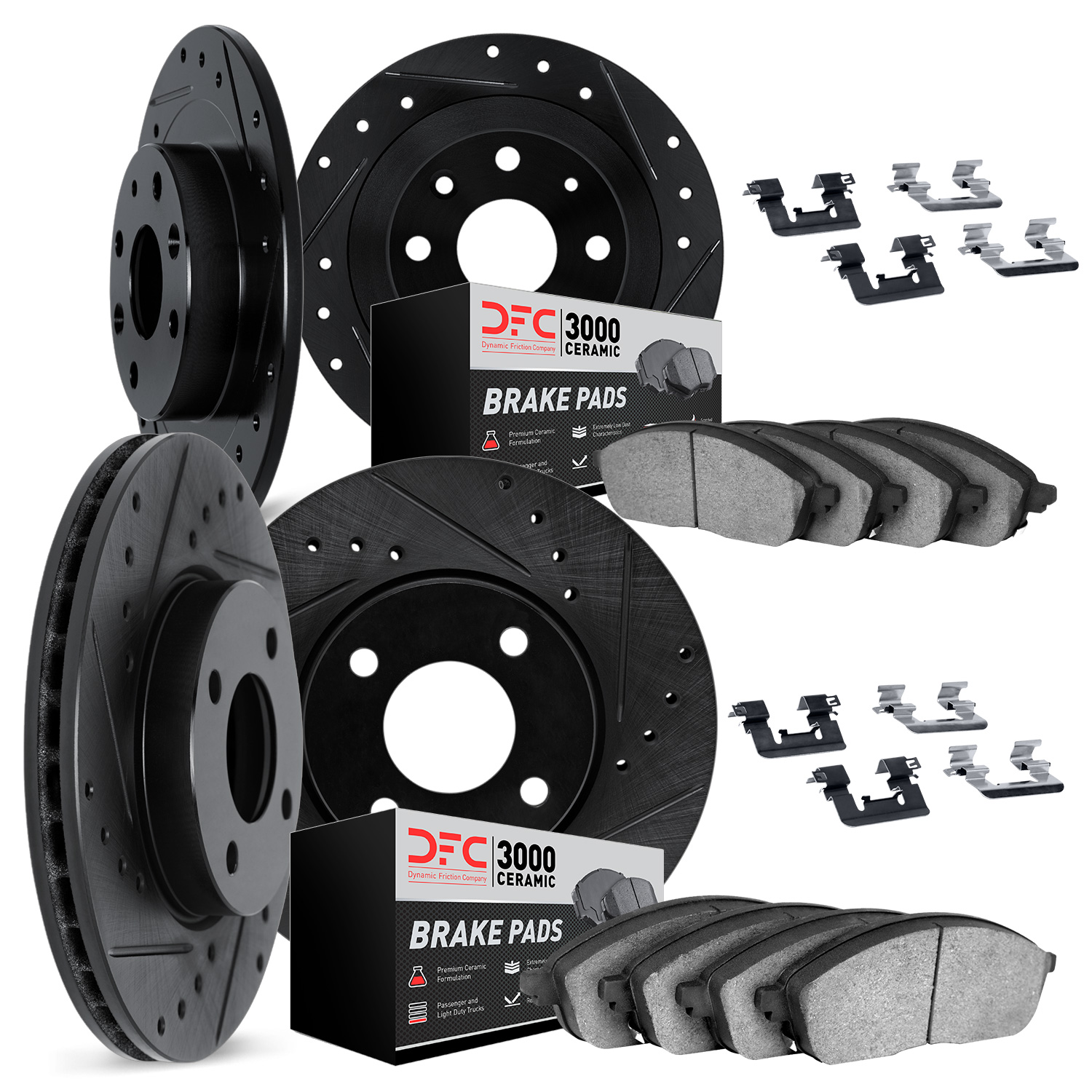 8314-07003 Drilled/Slotted Brake Rotors with 3000-Series Ceramic Brake Pads Kit & Hardware [Black], 2013-2019 Mopar, Position: F