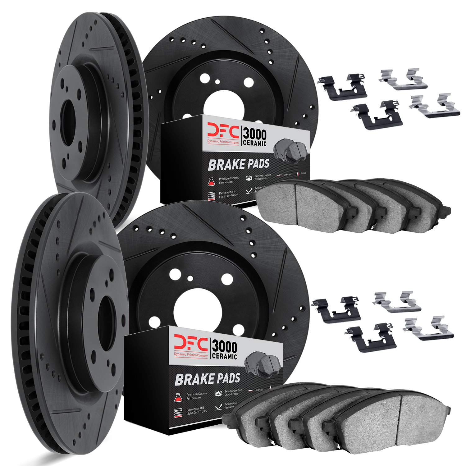 8314-11008 Drilled/Slotted Brake Rotors with 3000-Series Ceramic Brake Pads Kit & Hardware [Black], 2005-2009 Land Rover, Positi