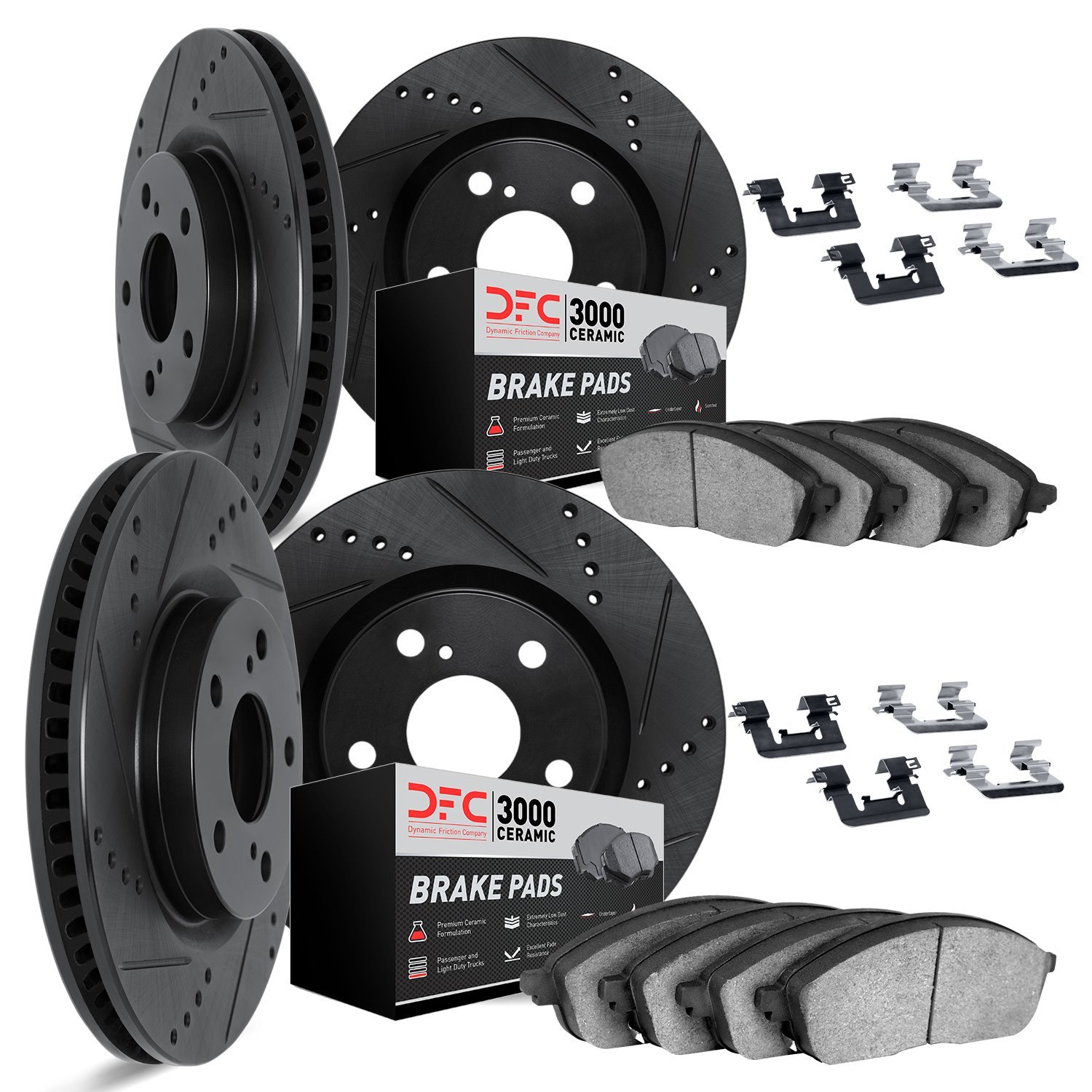 8314-31017 Drilled/Slotted Brake Rotors with 3000-Series Ceramic Brake Pads Kit & Hardware [Black], 2001-2005 BMW, Position: Fro