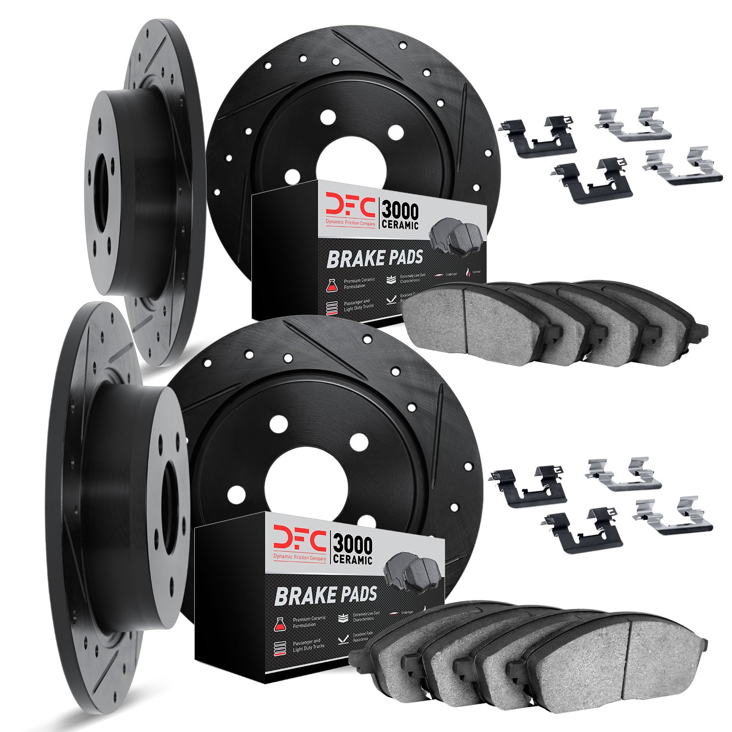 8314-31030 Drilled/Slotted Brake Rotors with 3000-Series Ceramic Brake Pads Kit & Hardware [Black], 1995-1998 BMW, Position: Fro