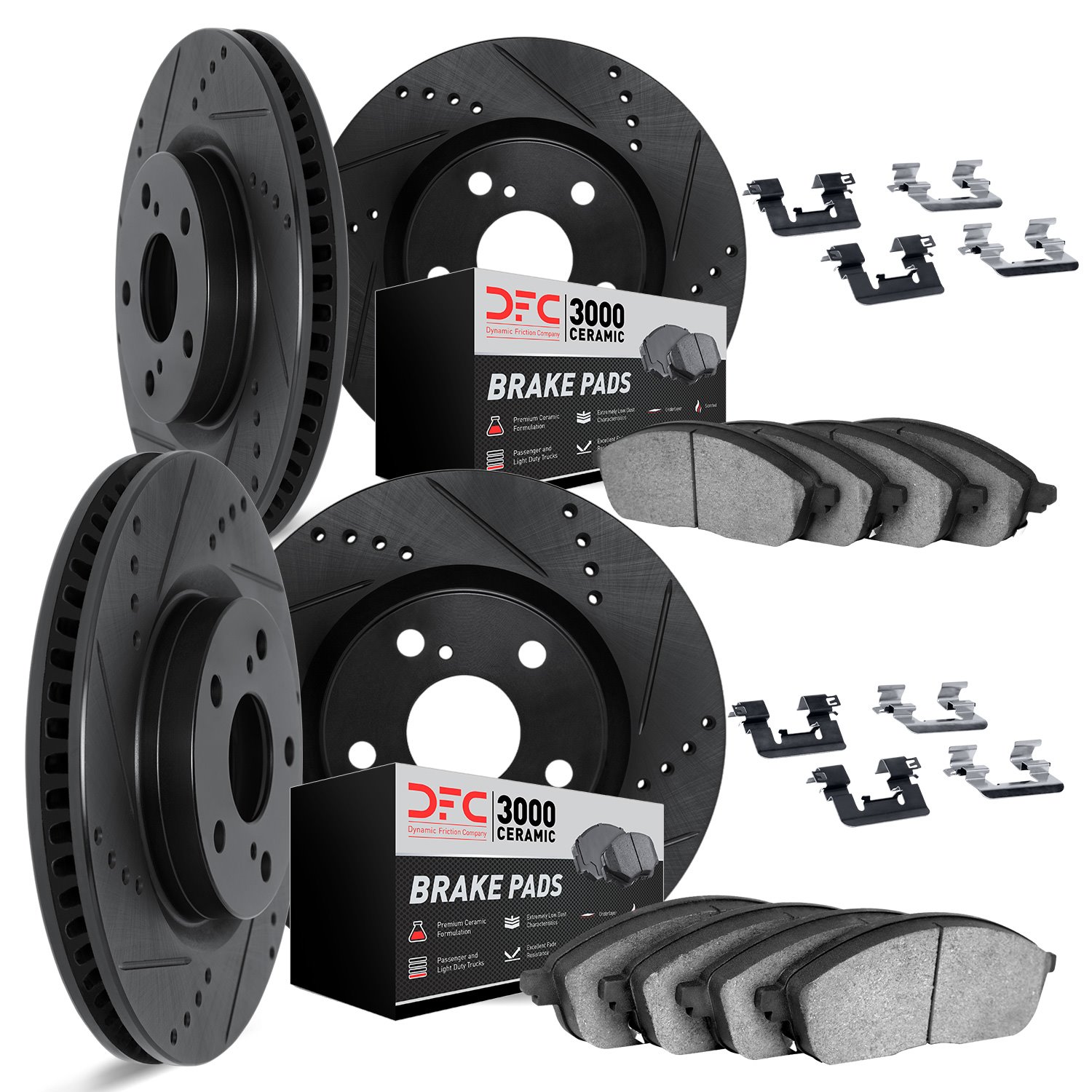 8314-31033 Drilled/Slotted Brake Rotors with 3000-Series Ceramic Brake Pads Kit & Hardware [Black], 1999-2006 BMW, Position: Fro