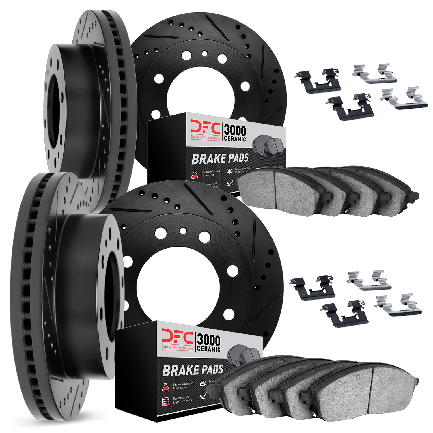 8314-46014 Drilled/Slotted Brake Rotors with 3000-Series Ceramic Brake Pads Kit & Hardware [Black], 2006-2011 GM, Position: Fron