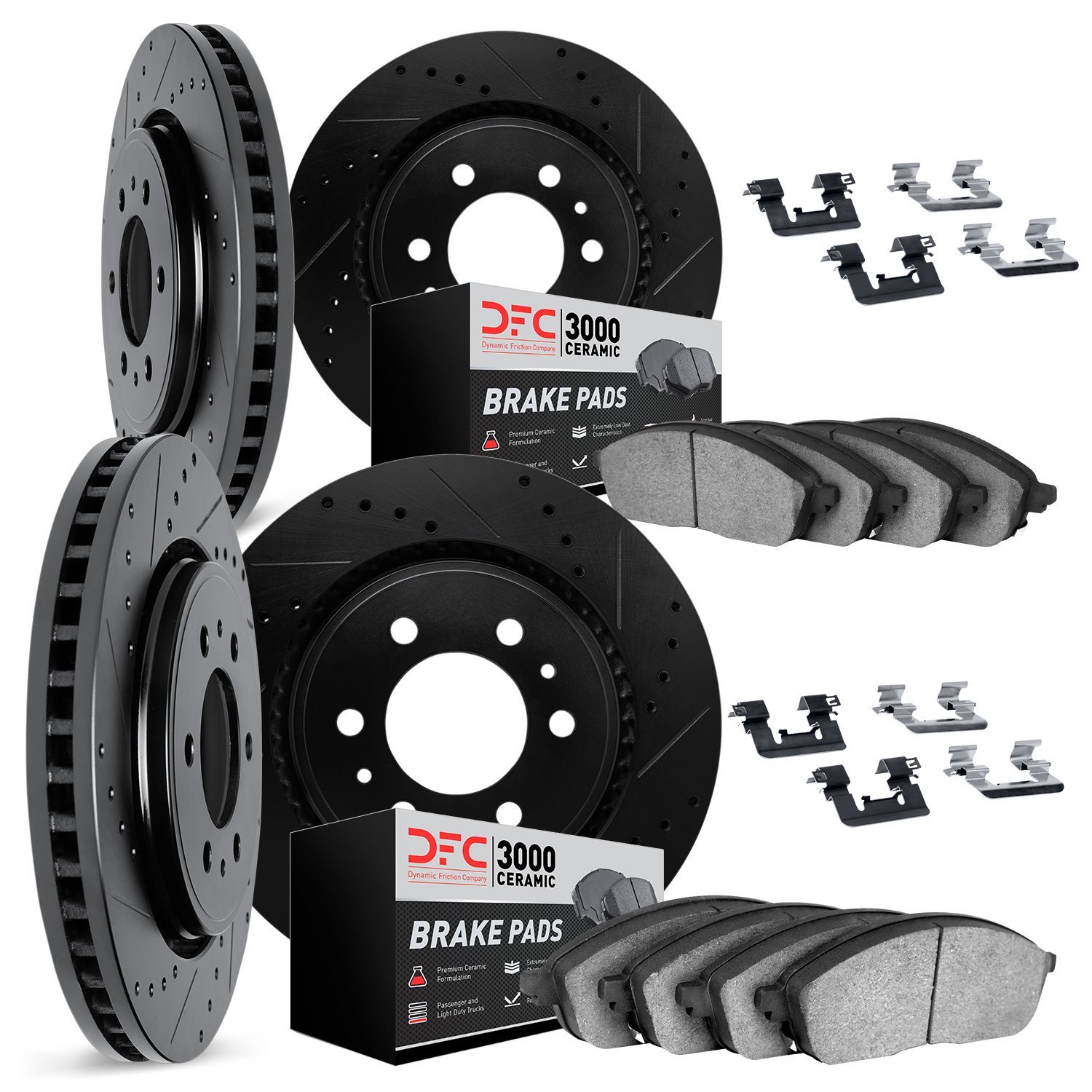 8314-46048 Drilled/Slotted Brake Rotors with 3000-Series Ceramic Brake Pads Kit & Hardware [Black], 2017-2020 GM, Position: Fron