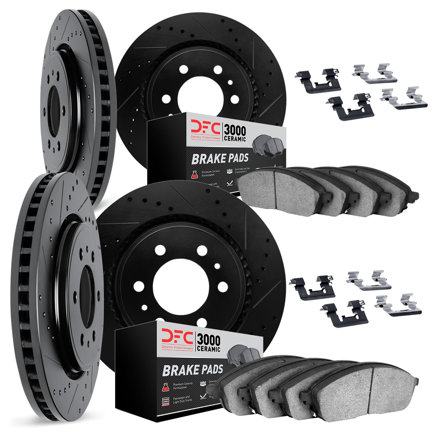 8314-48028 Drilled/Slotted Brake Rotors with 3000-Series Ceramic Brake Pads Kit & Hardware [Black], 2007-2017 GM, Position: Fron