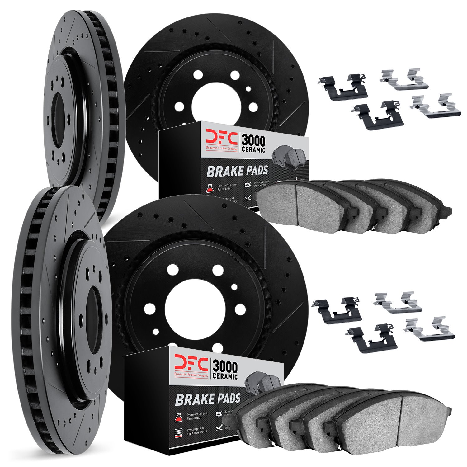 8314-48029 Drilled/Slotted Brake Rotors with 3000-Series Ceramic Brake Pads Kit & Hardware [Black], 2013-2019 GM, Position: Fron