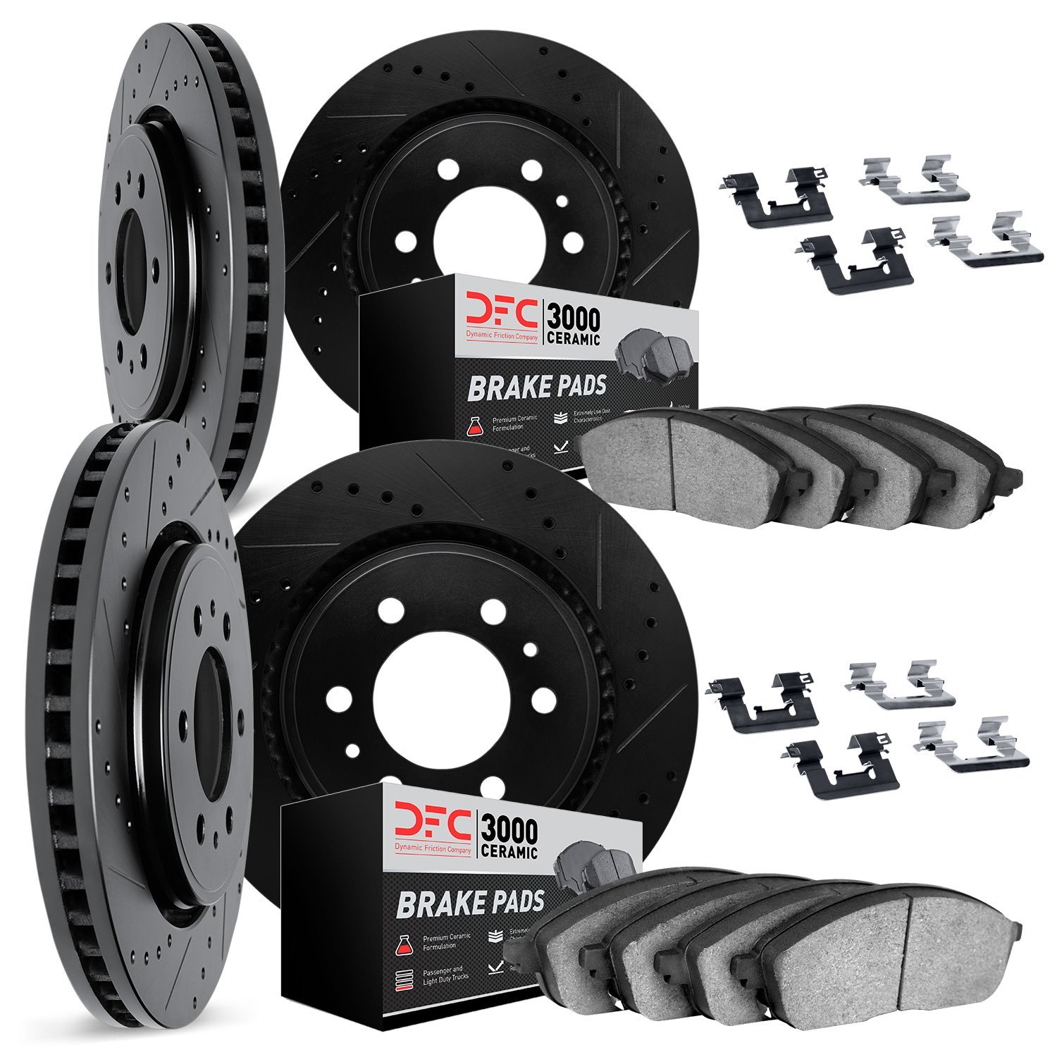 8314-48032 Drilled/Slotted Brake Rotors with 3000-Series Ceramic Brake Pads Kit & Hardware [Black], 2014-2020 GM, Position: Fron