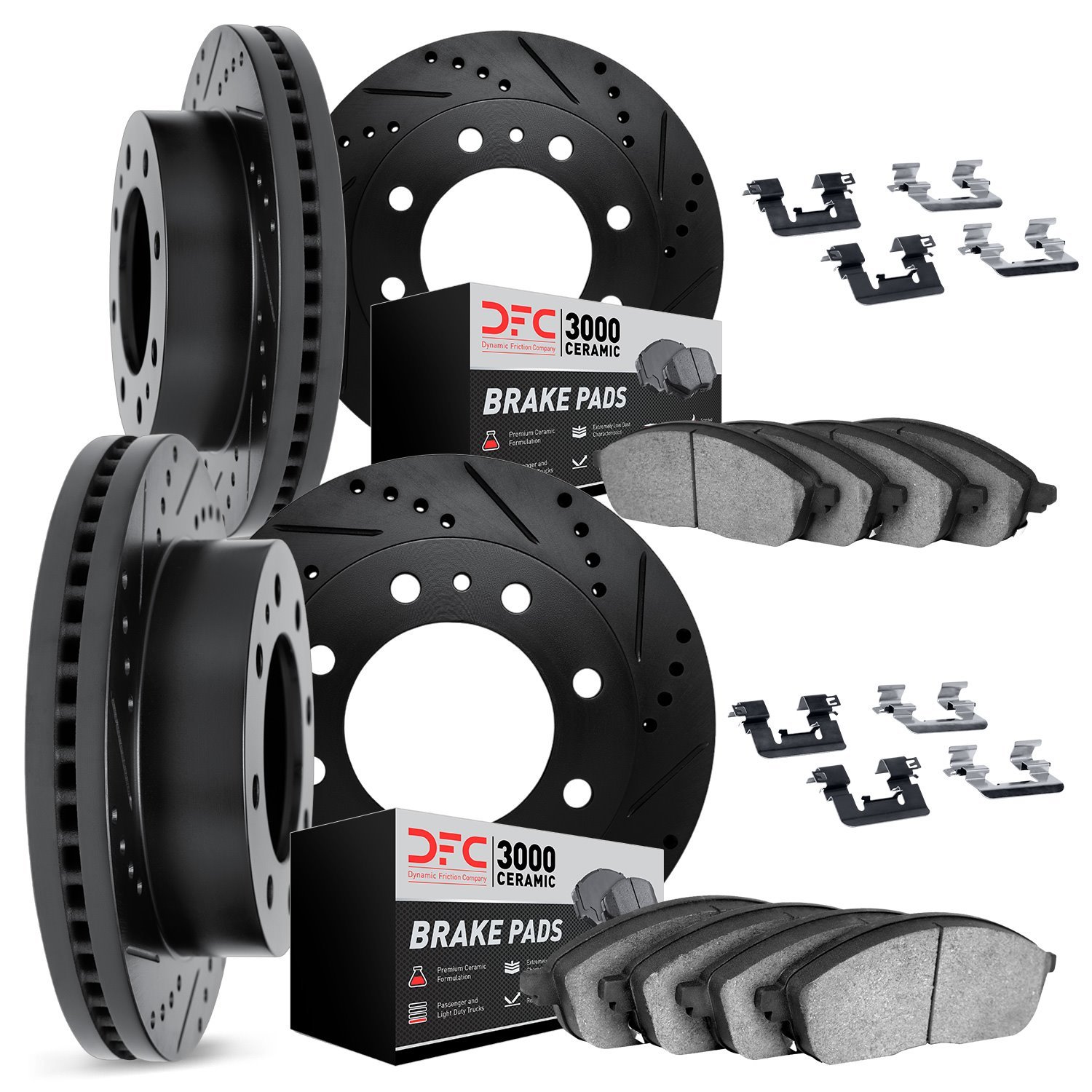 8314-67071 Drilled/Slotted Brake Rotors with 3000-Series Ceramic Brake Pads Kit & Hardware [Black], 2012-2021 Infiniti/Nissan, P