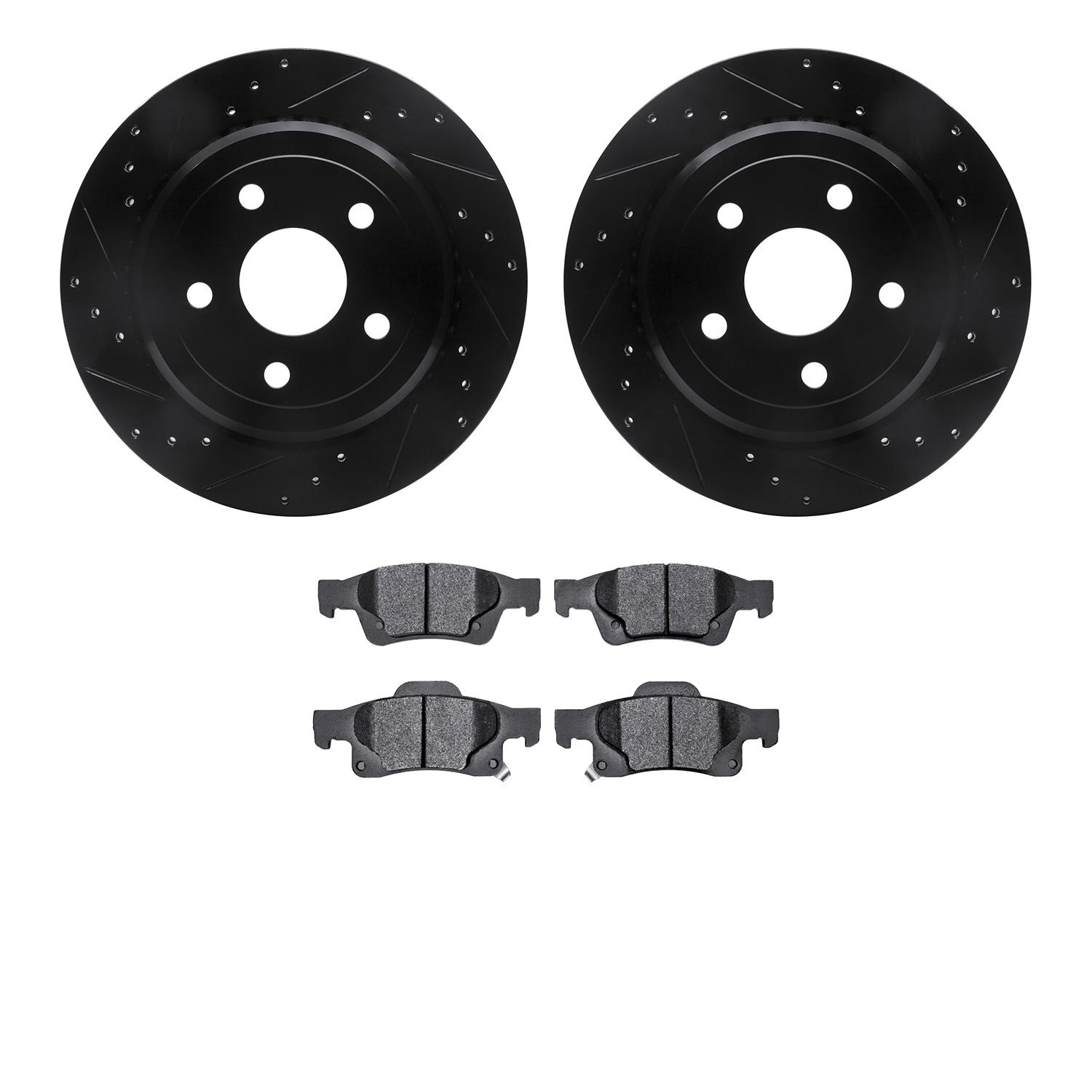 8402-42007 Drilled/Slotted Brake Rotors with Ultimate-Duty Brake Pads Kit [Black], Fits Select Mopar, Position: Rear