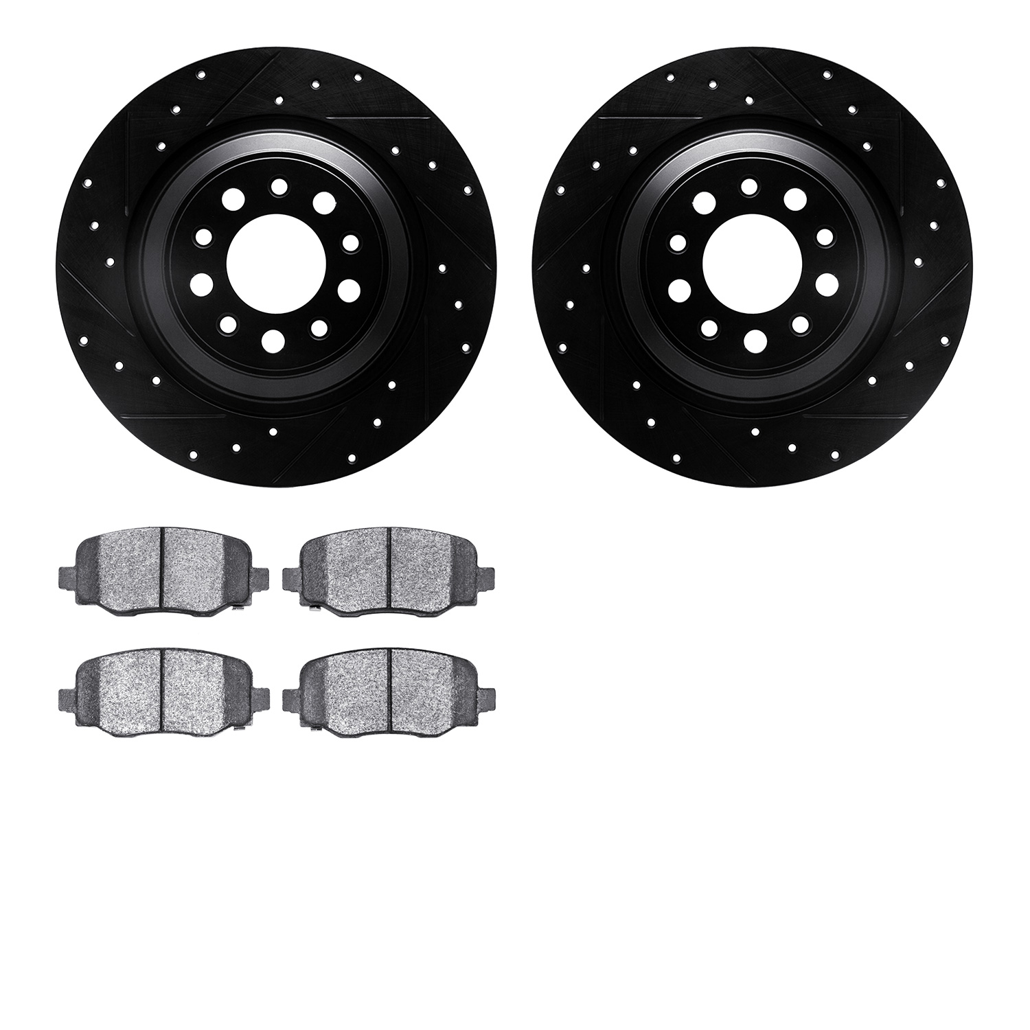8402-42011 Drilled/Slotted Brake Rotors with Ultimate-Duty Brake Pads Kit [Black], Fits Select Mopar, Position: Rear