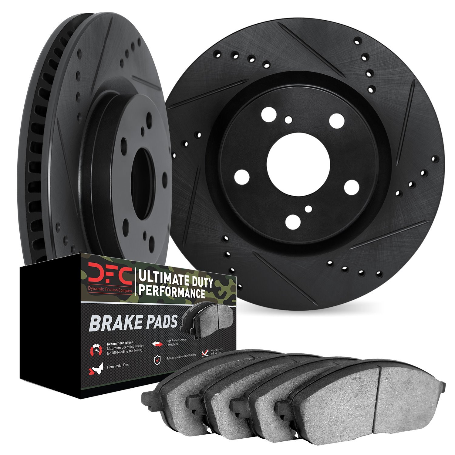 8402-47004 Drilled/Slotted Brake Rotors with Ultimate-Duty Brake Pads Kit [Black], 1978-1978 GM, Position: Front