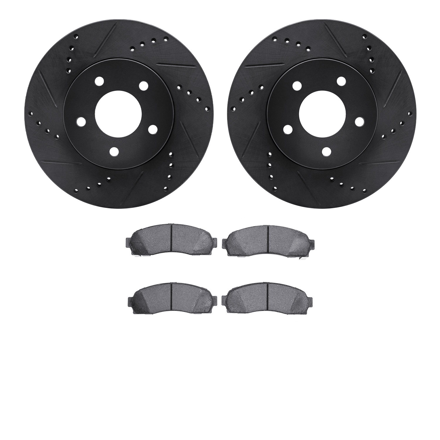 8402-47012 Drilled/Slotted Brake Rotors with Ultimate-Duty Brake Pads Kit [Black], 2002-2007 GM, Position: Front