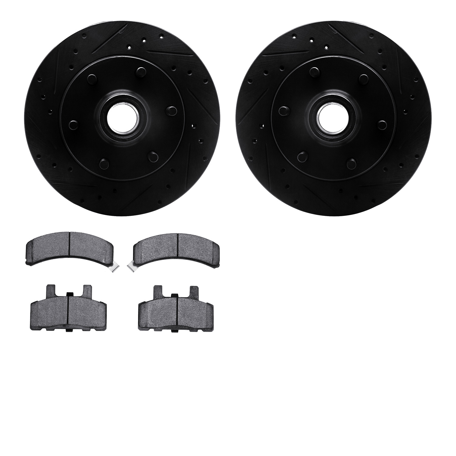 8402-48006 Drilled/Slotted Brake Rotors with Ultimate-Duty Brake Pads Kit [Black], 1988-1996 GM, Position: Front